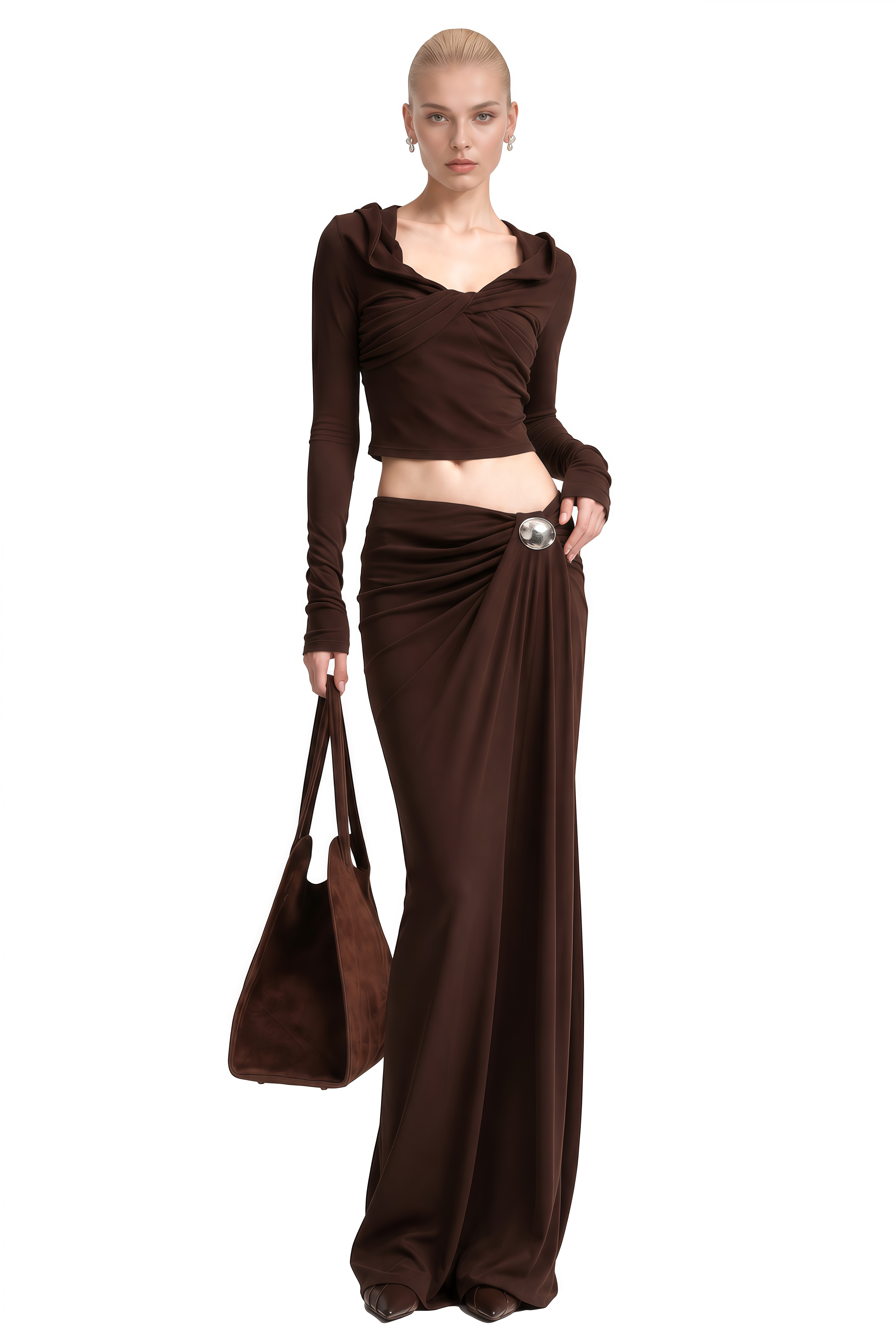Imogen Brown Long Sleeves Ruched Top & Skirt Set