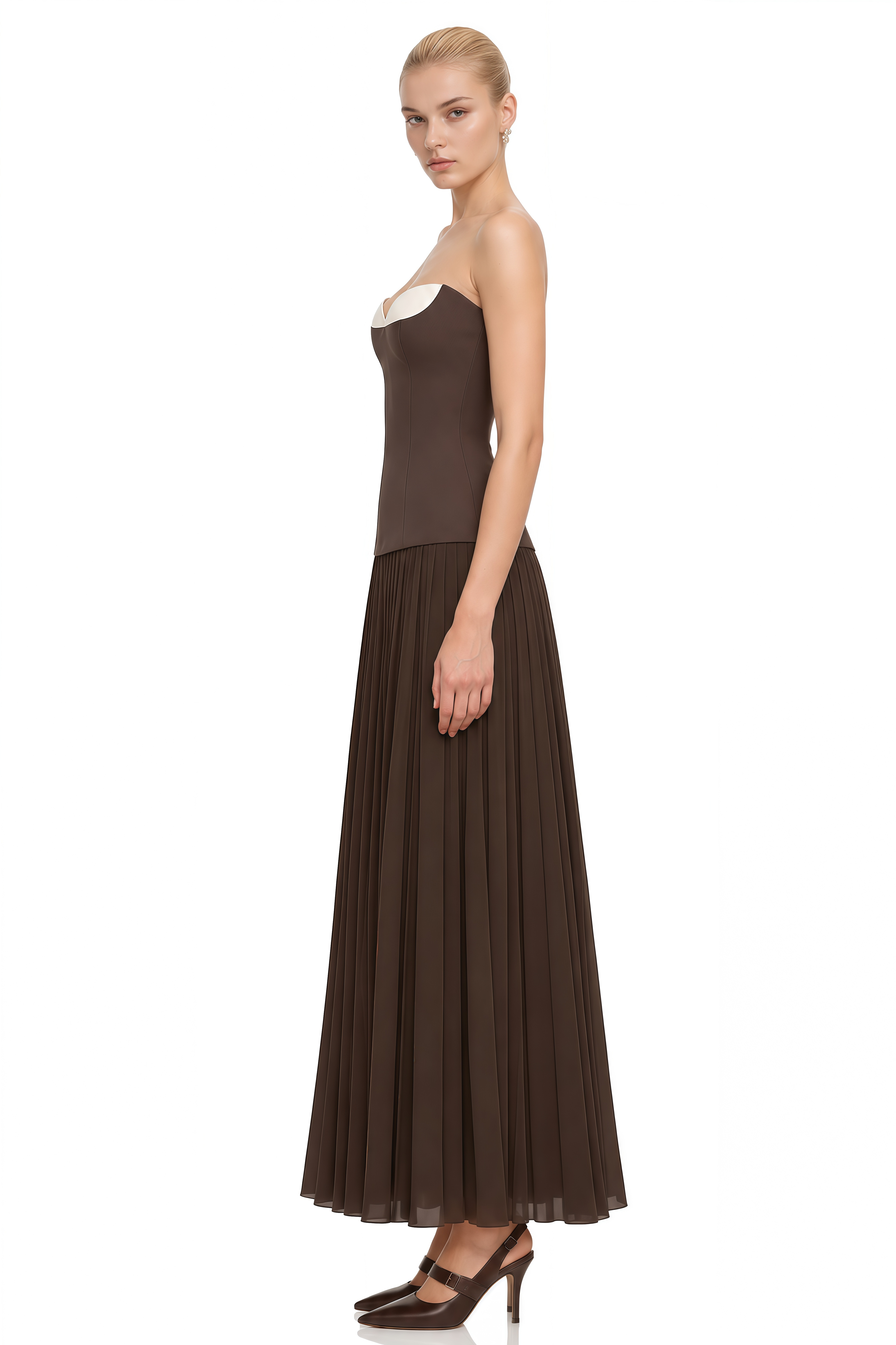Diana Brown Strapless Pleated Maxi Dress