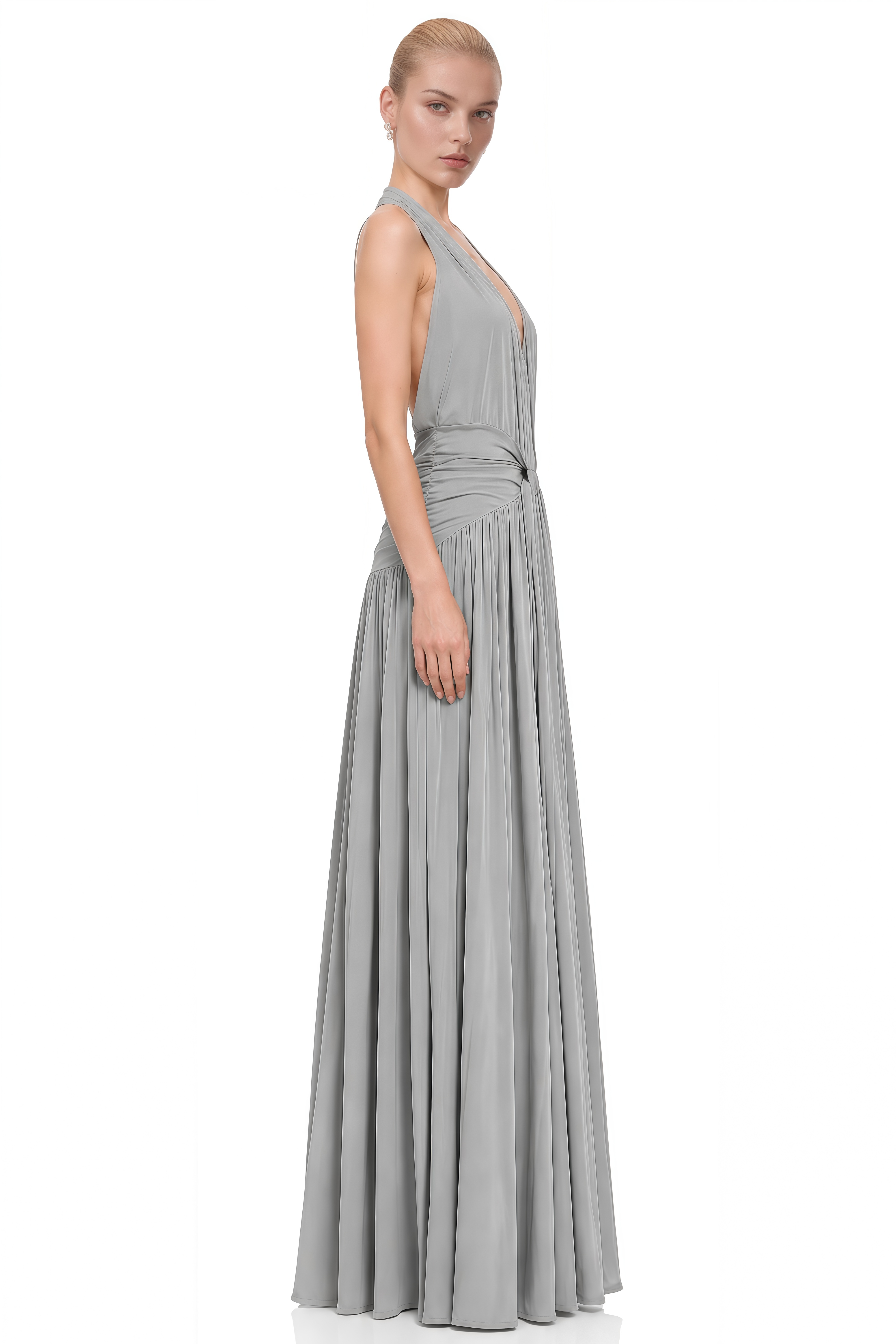 Ophelia Light Grey Halterneck Ruched Maxi Dress