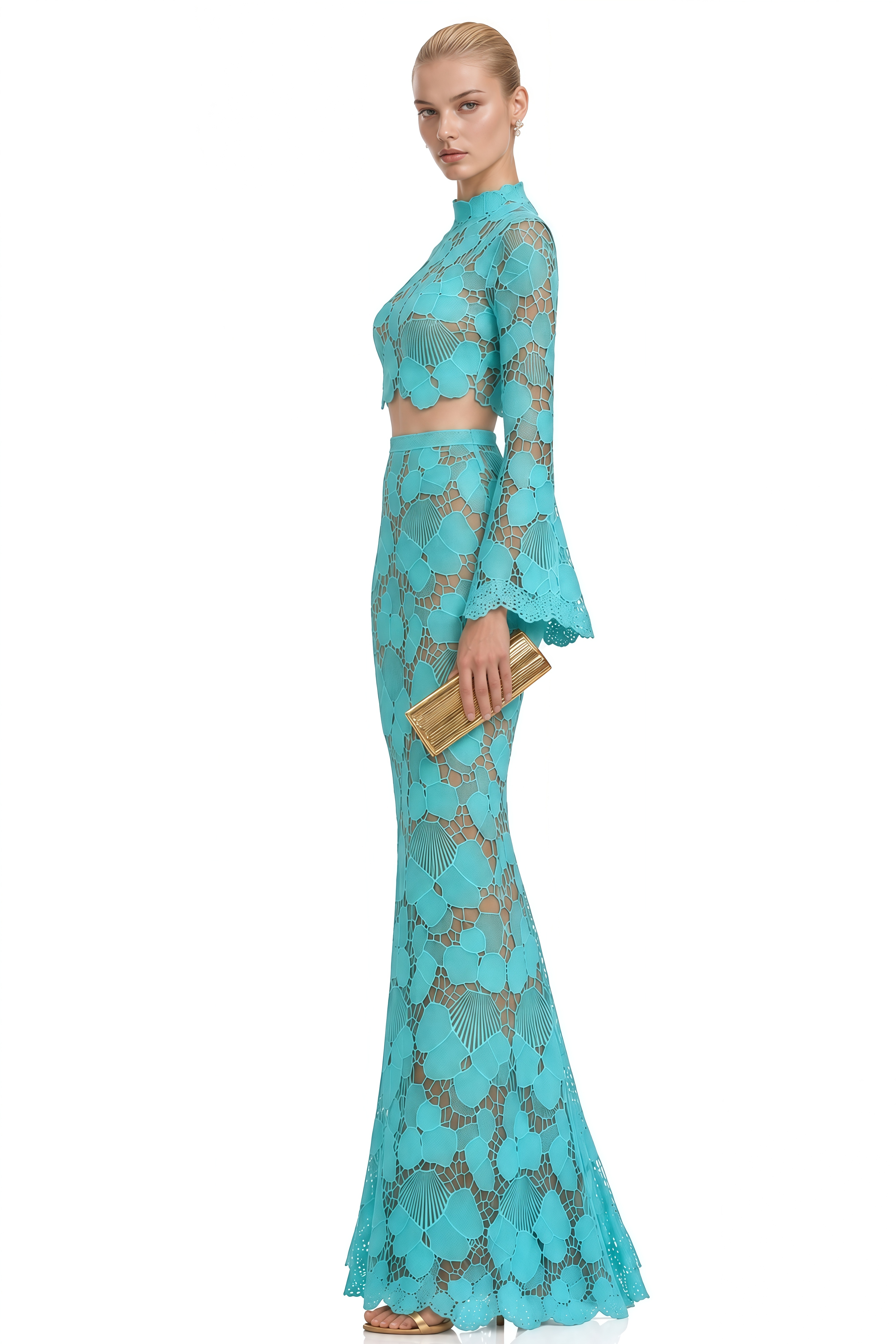 Solène Turquoise Turtleneck Lace Top & Skirt Set