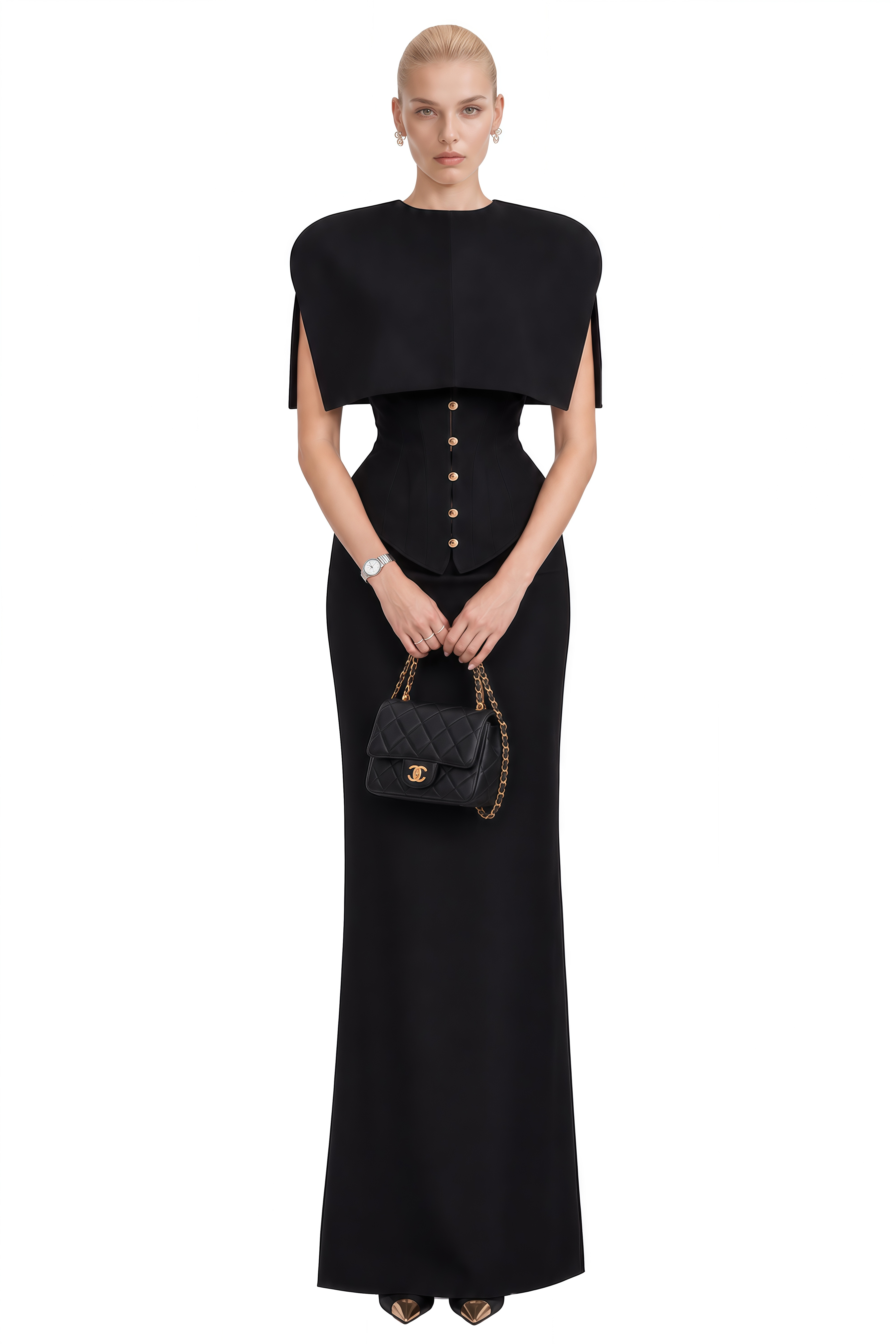 Zephyra Black Round Neck Cape Maxi Dress