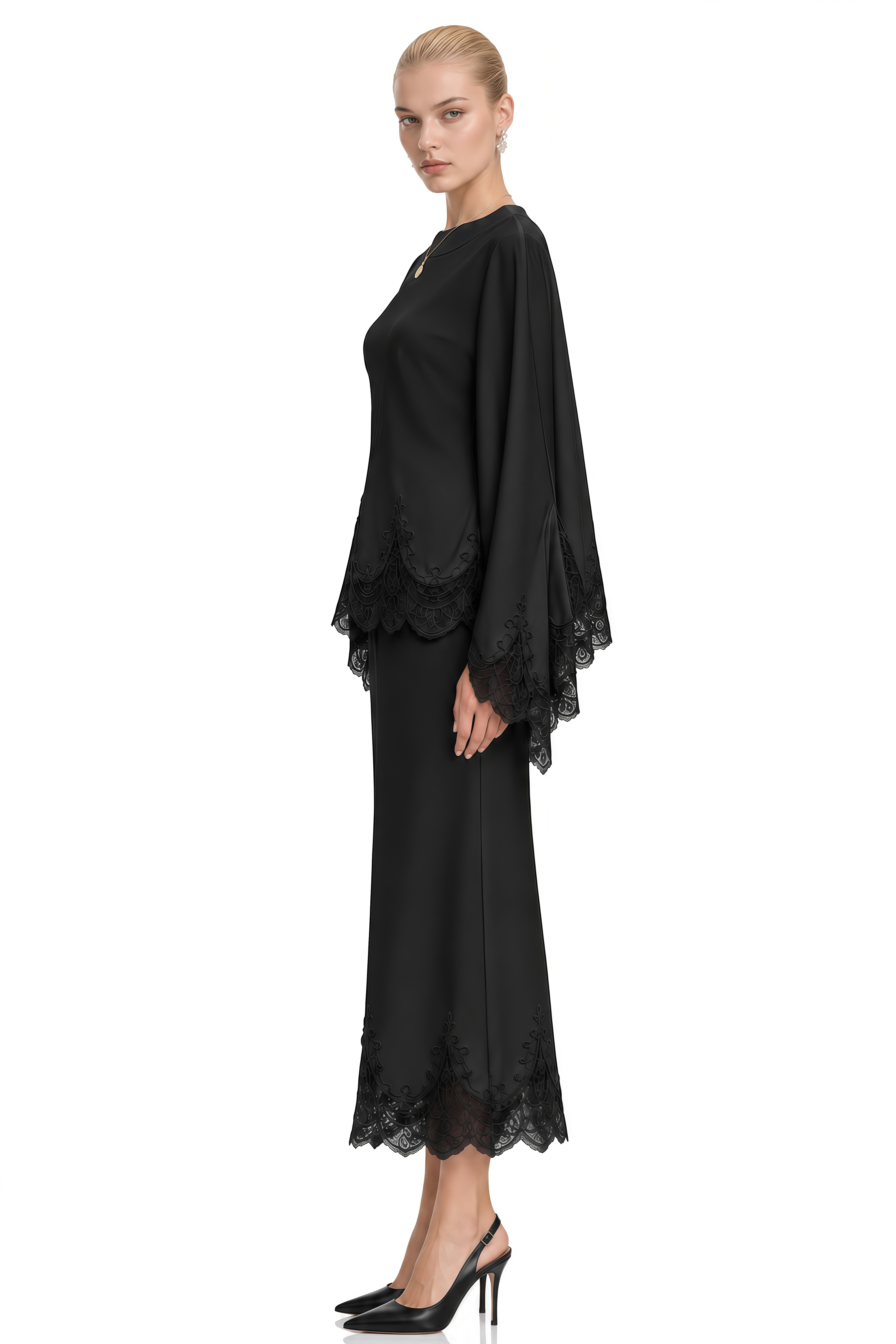 Amelia Black Round Neck Lace-Hem Blouse & Skirt Set