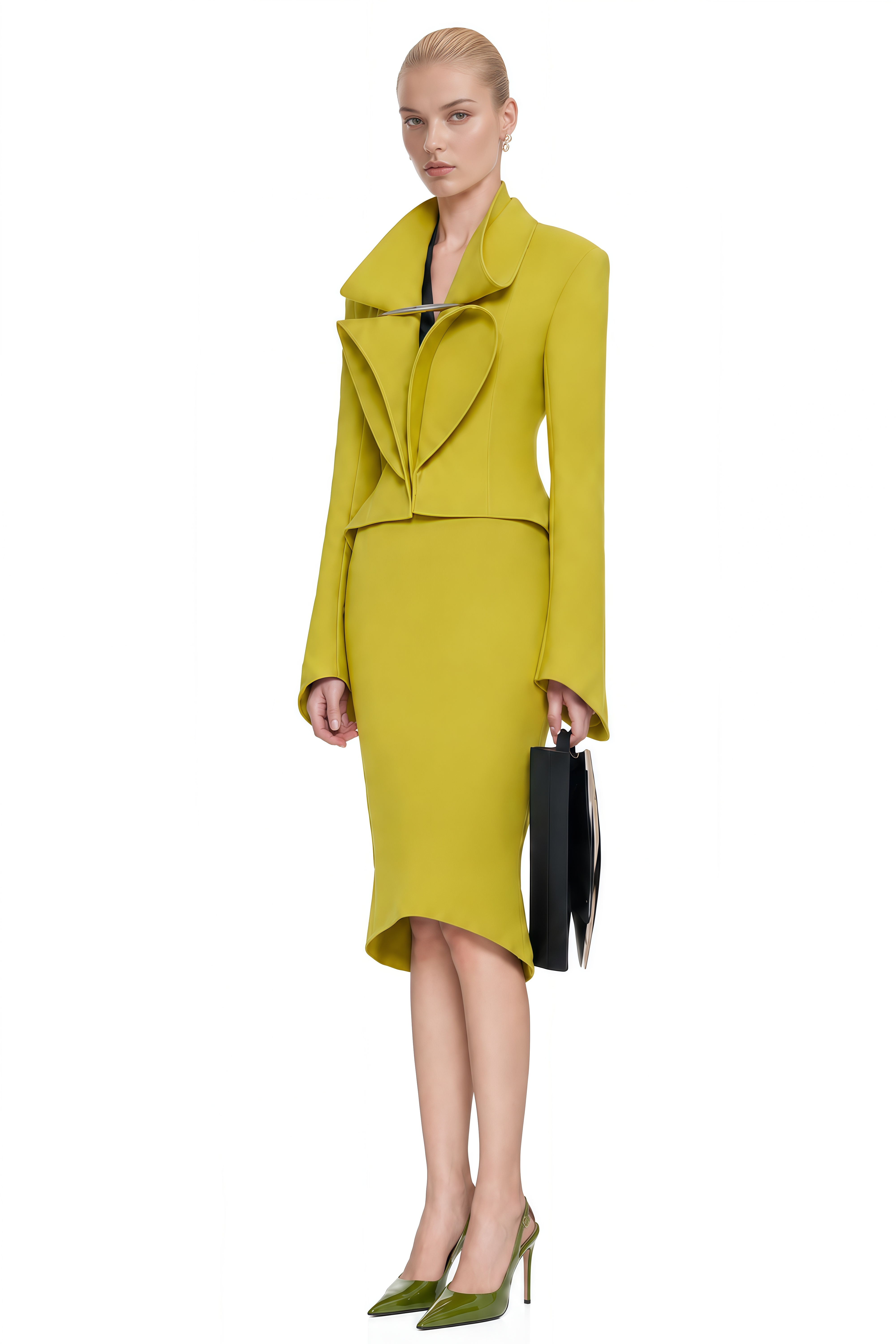 Grace Chartreuse Green Structured Asymmetrical Blazer & Skirt Set