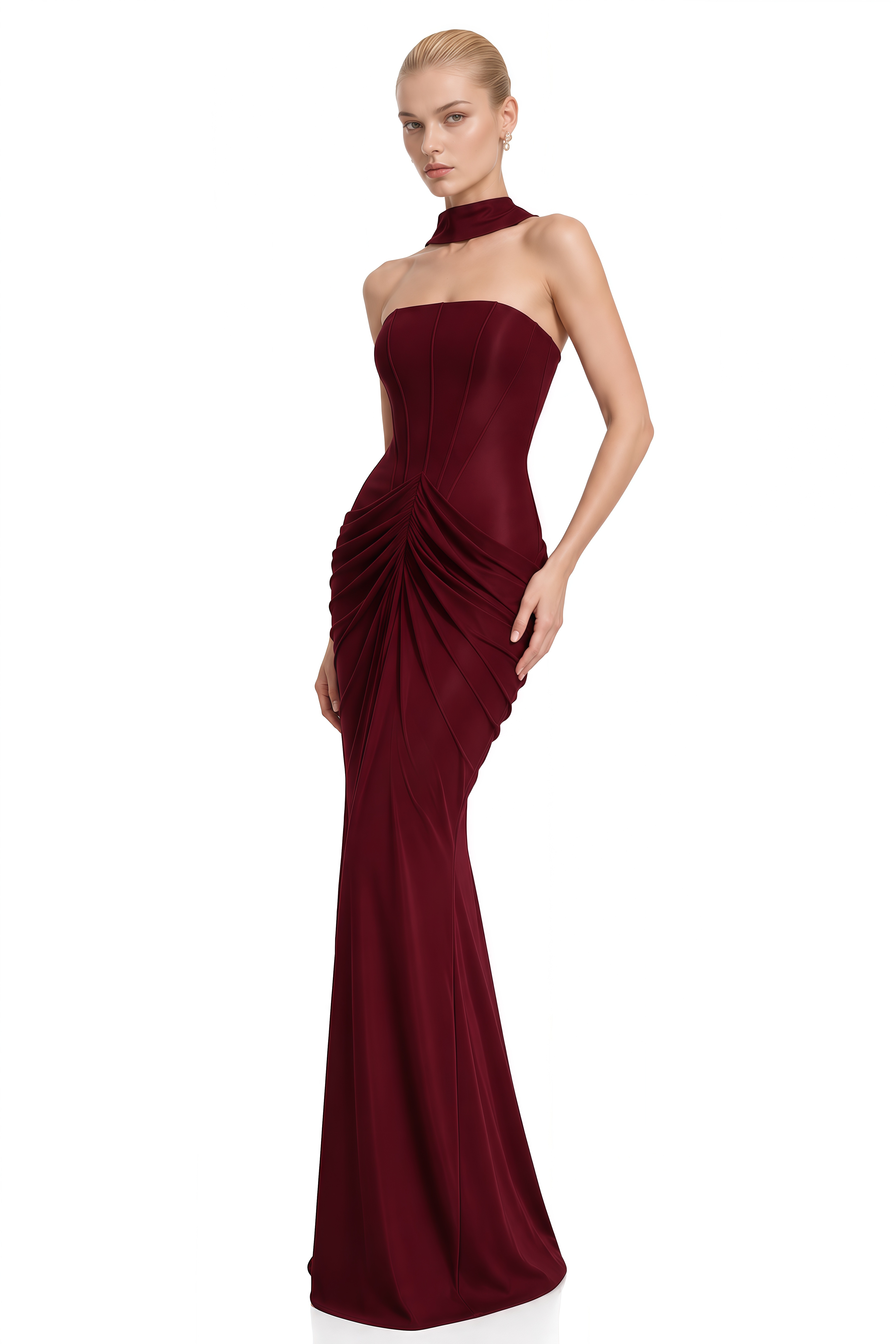 Emily Burgundy Strapless Ruched Maxi Dress