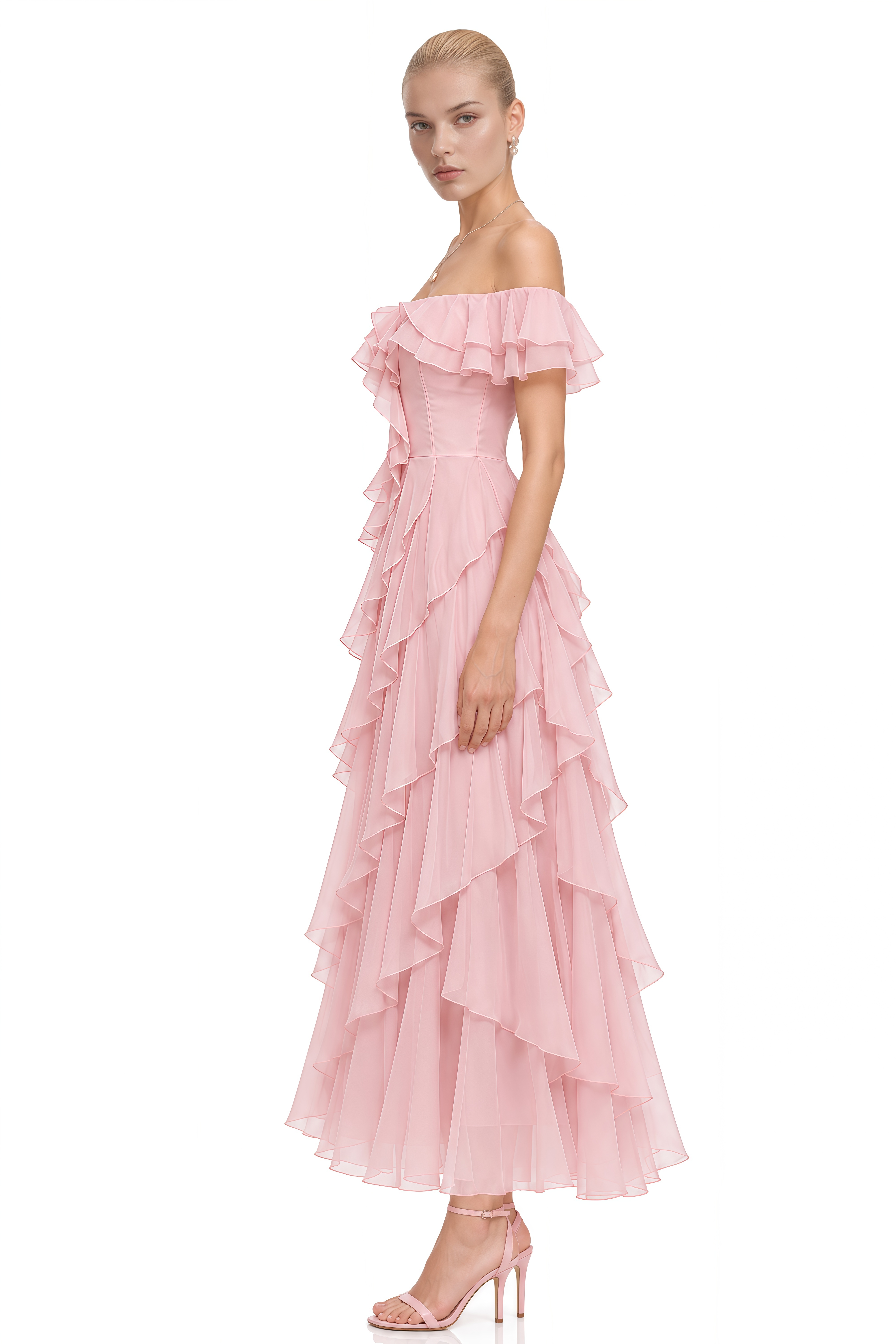 Maren Pink Off-Shoulder Layered Maxi Dress