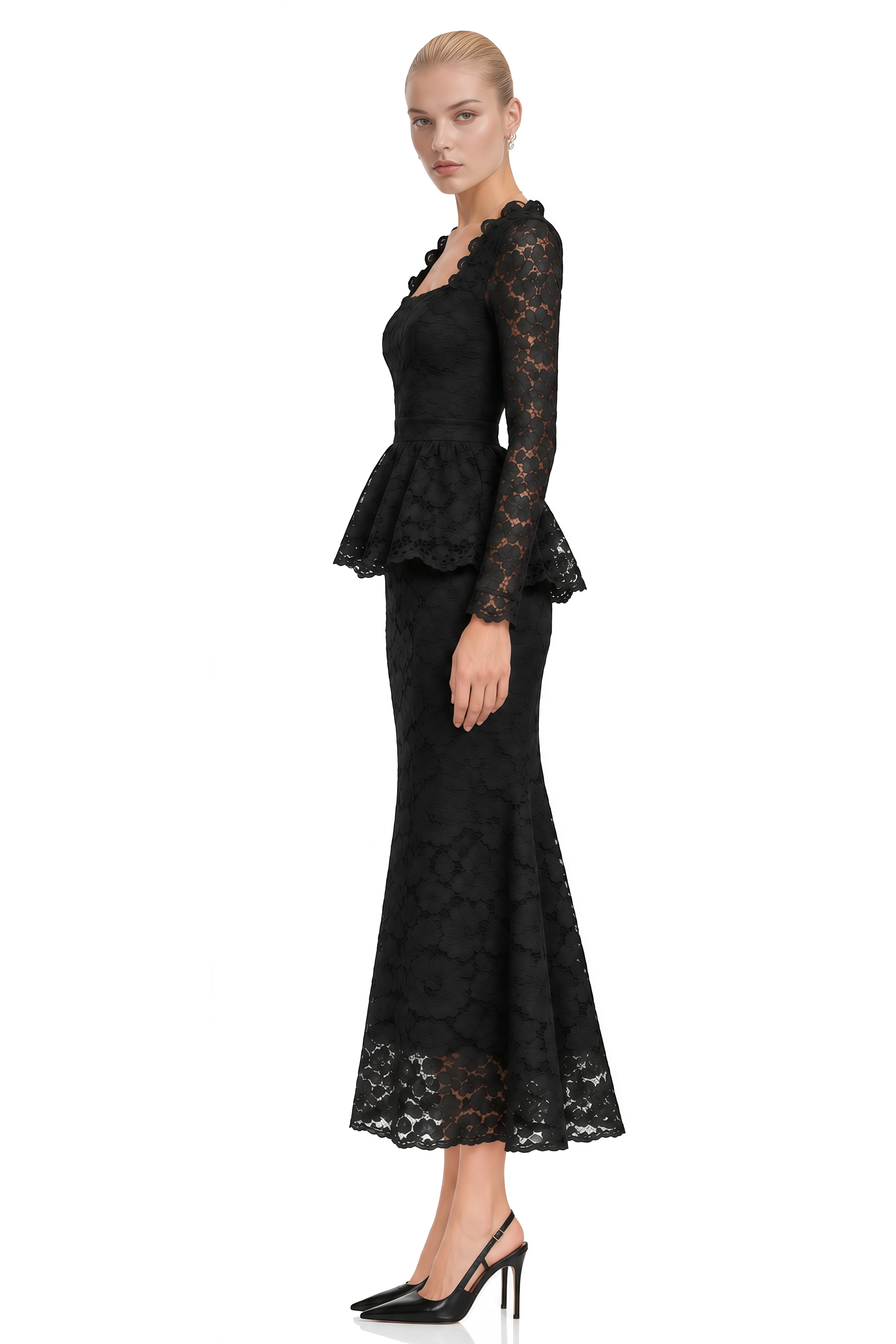 Gigi Black Floral Lace Scalloped Top & Skirt Set