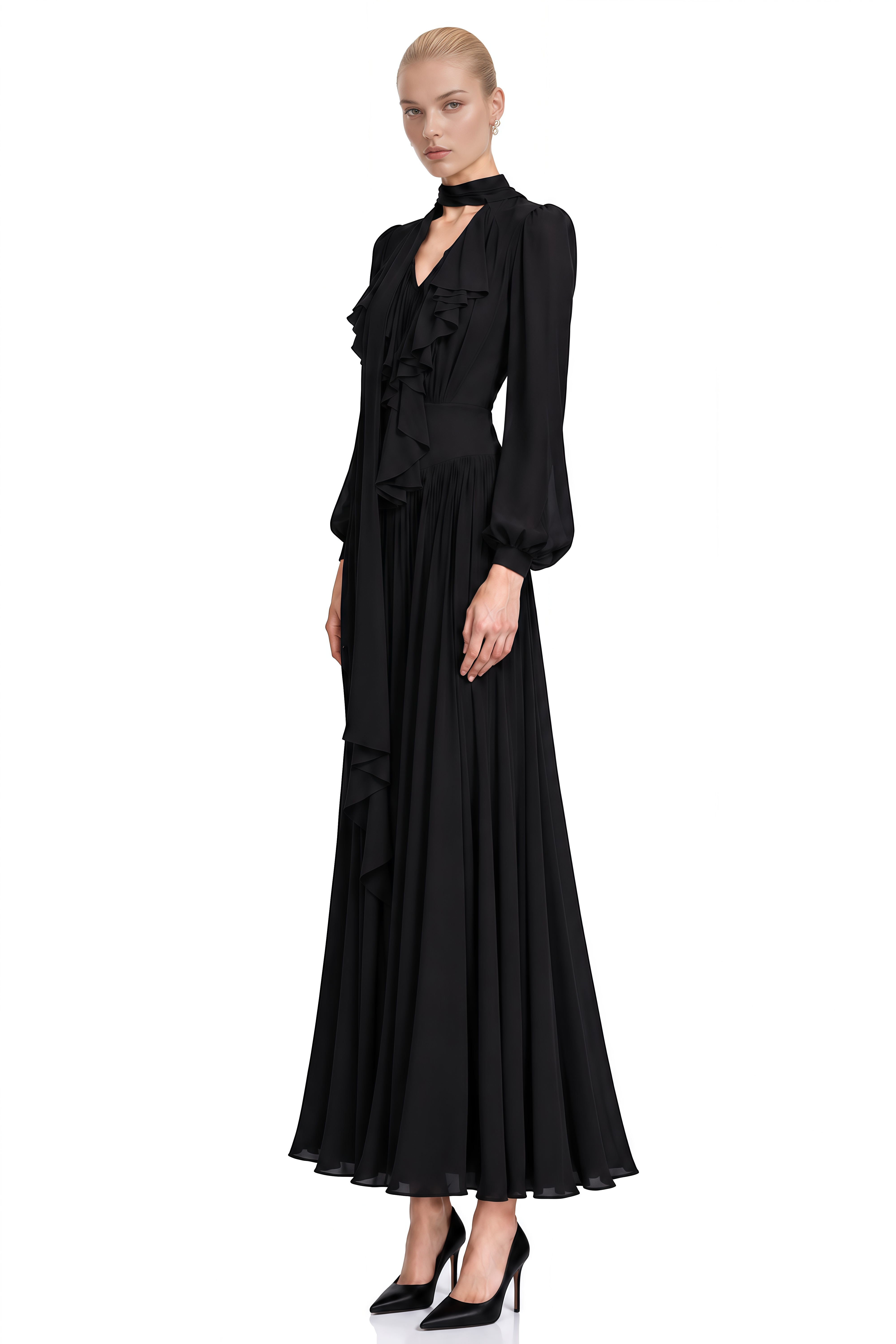 Verity Black Long Sleeves Pleated Maxi Dress
