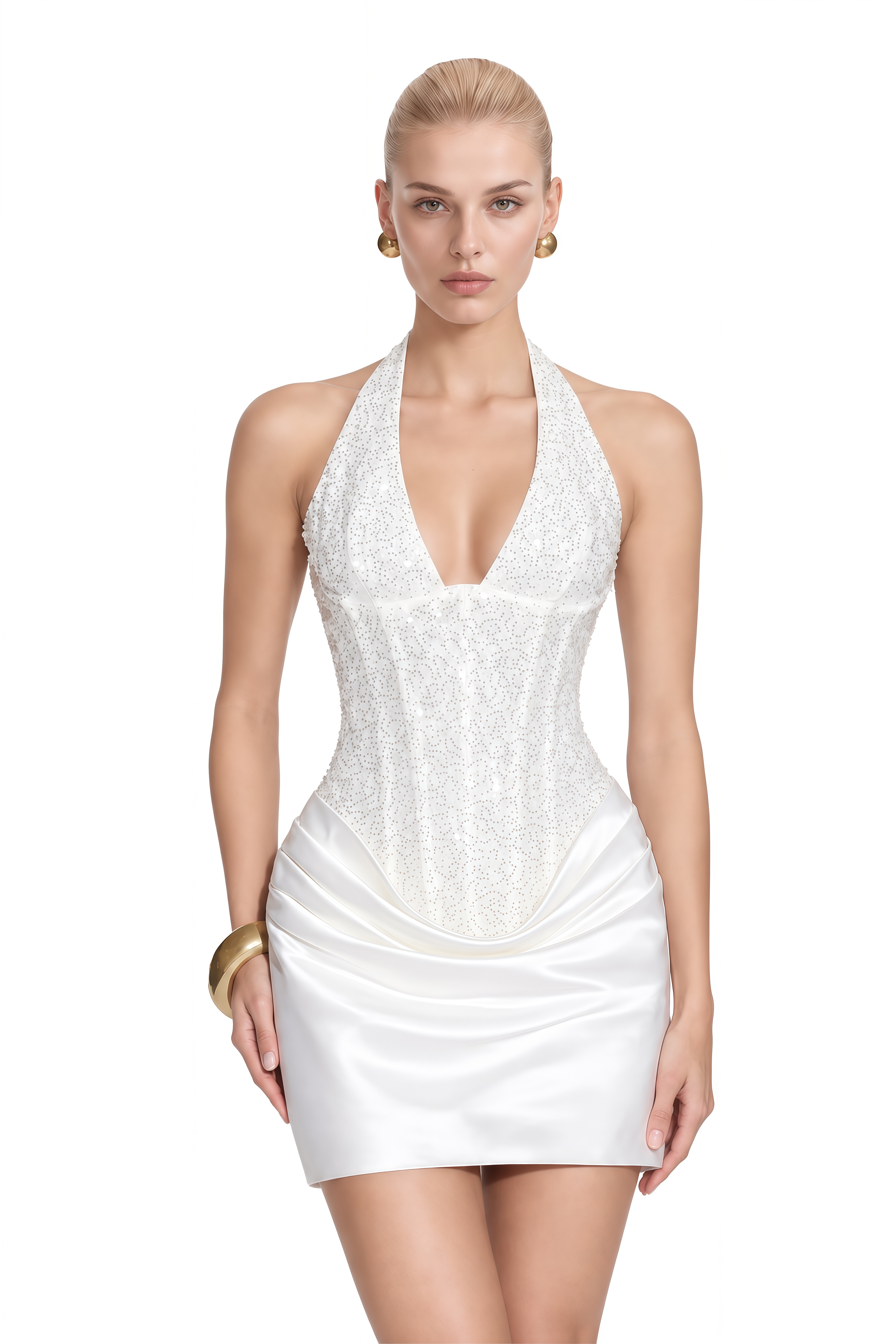 Hermione White V-Neck Draped Mini Dress