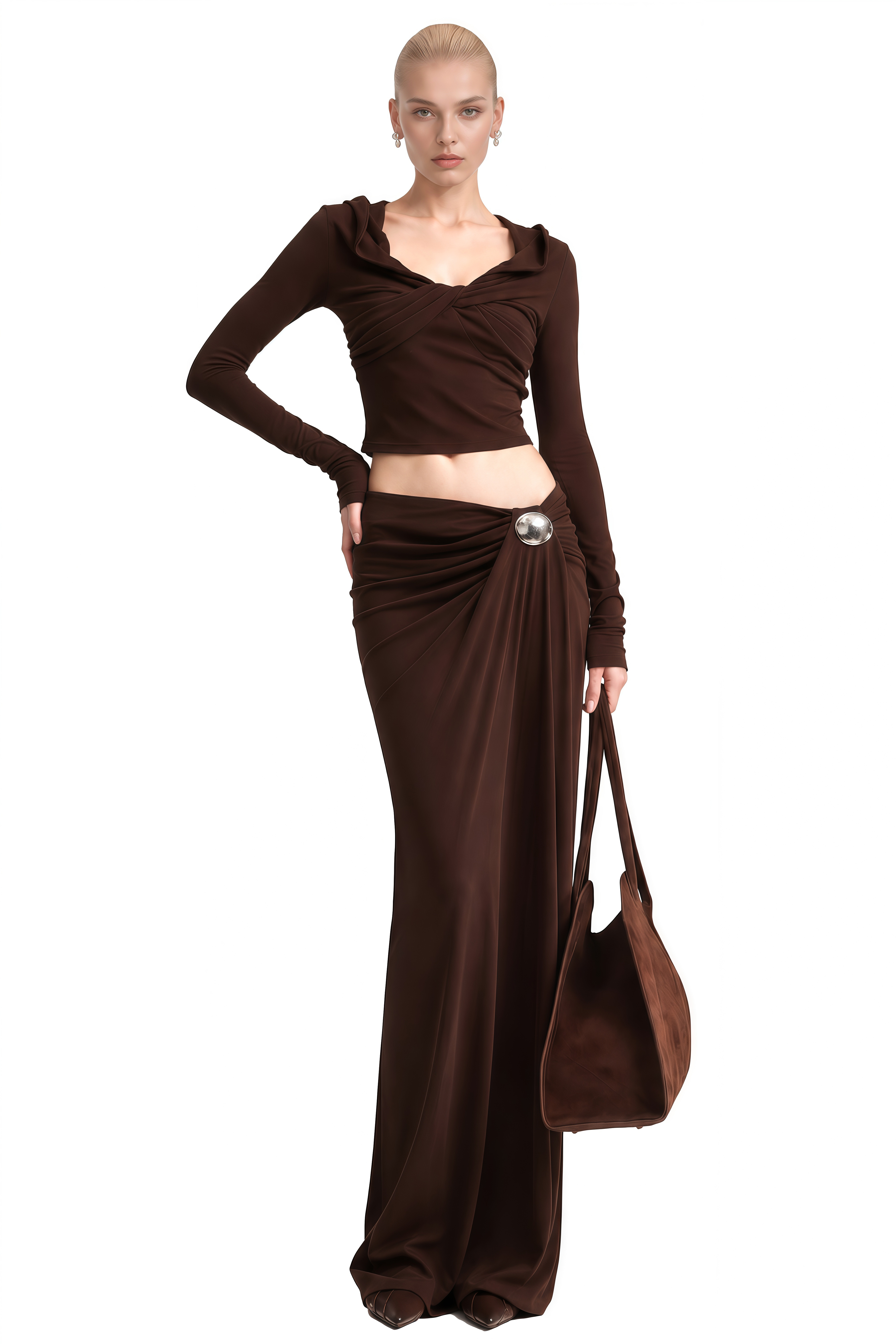 Imogen Brown Long Sleeves Ruched Top & Skirt Set