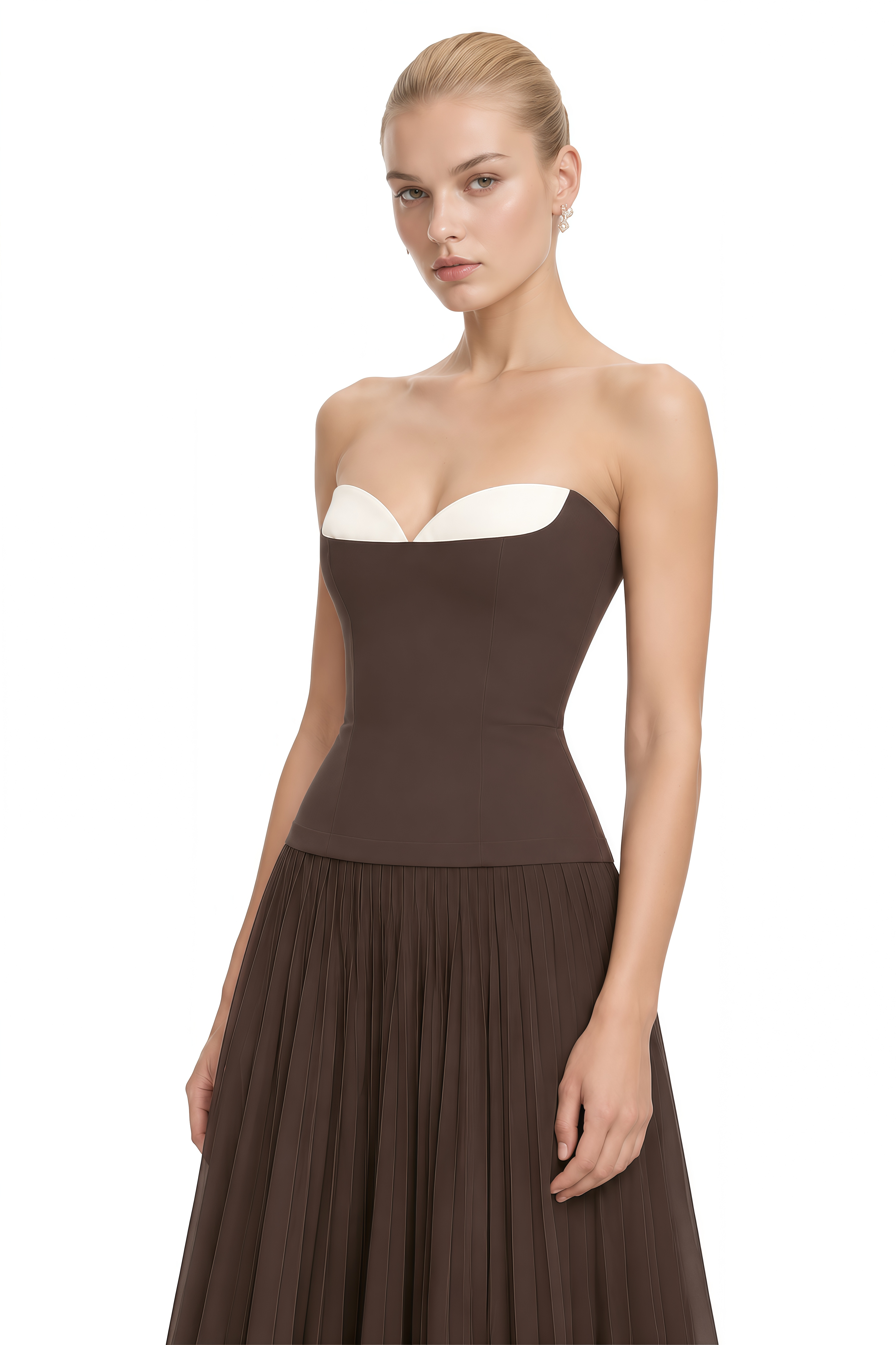 Diana Brown Strapless Pleated Maxi Dress
