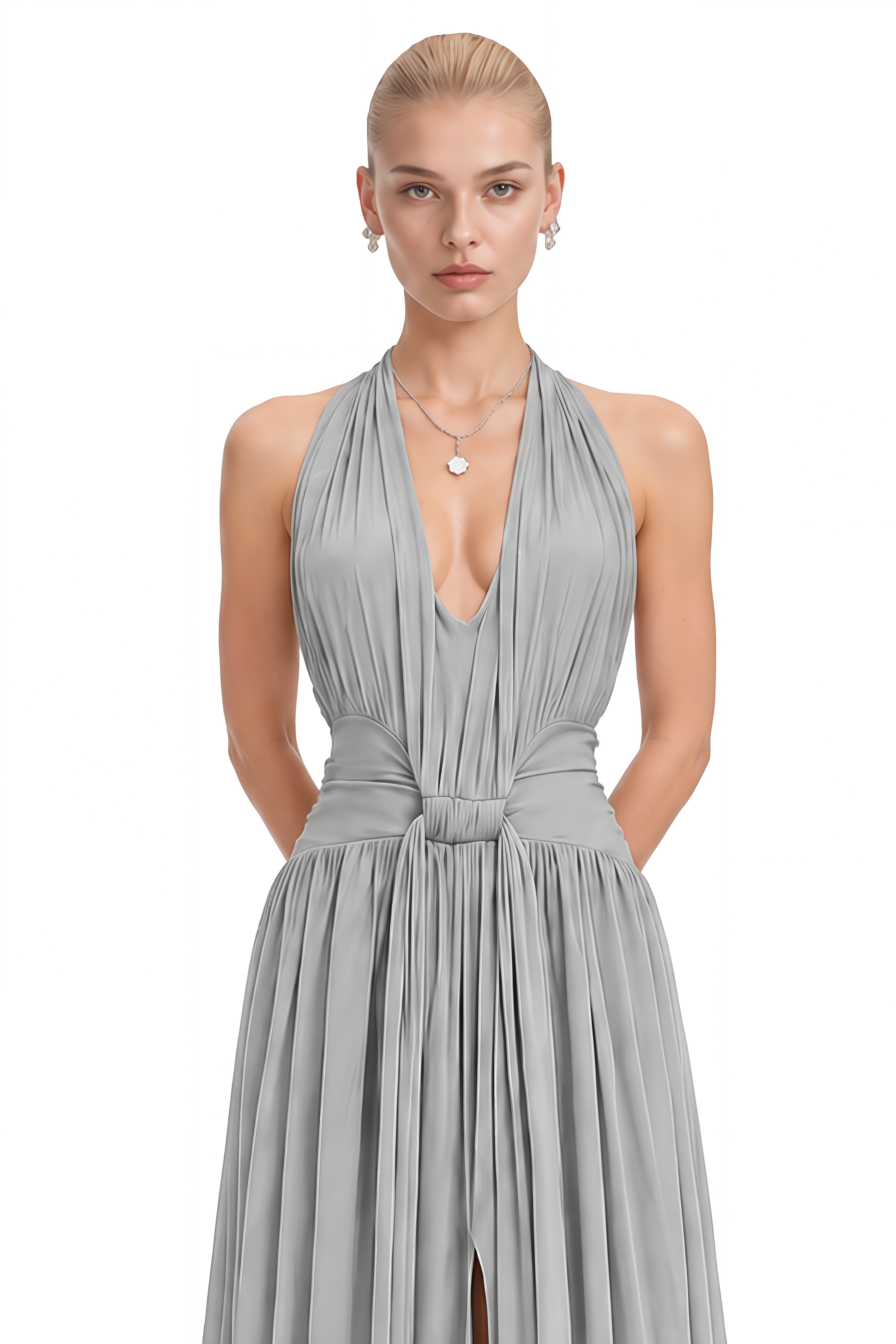 Ophelia Light Grey Halterneck Ruched Maxi Dress