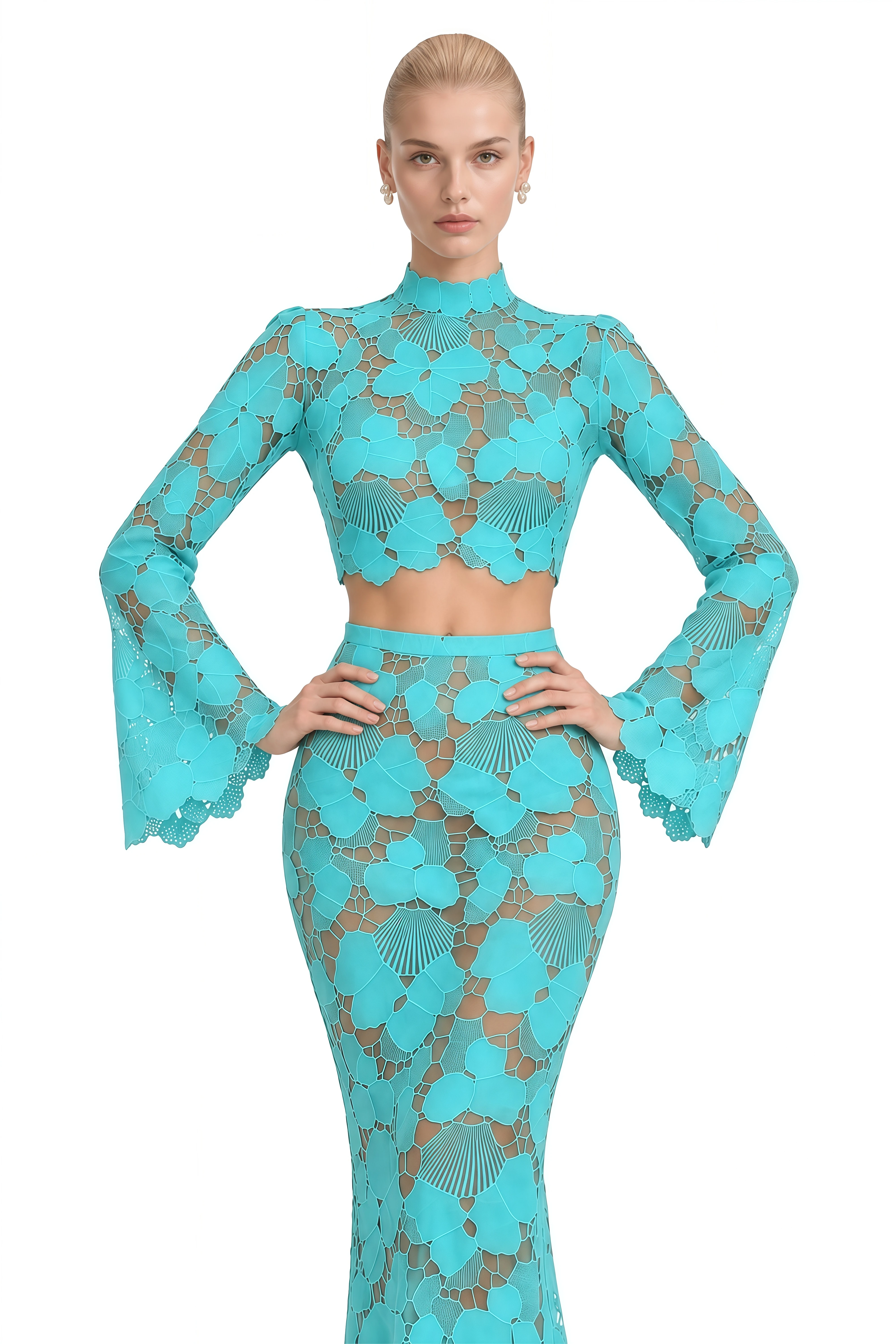 Solène Turquoise Turtleneck Lace Top & Skirt Set