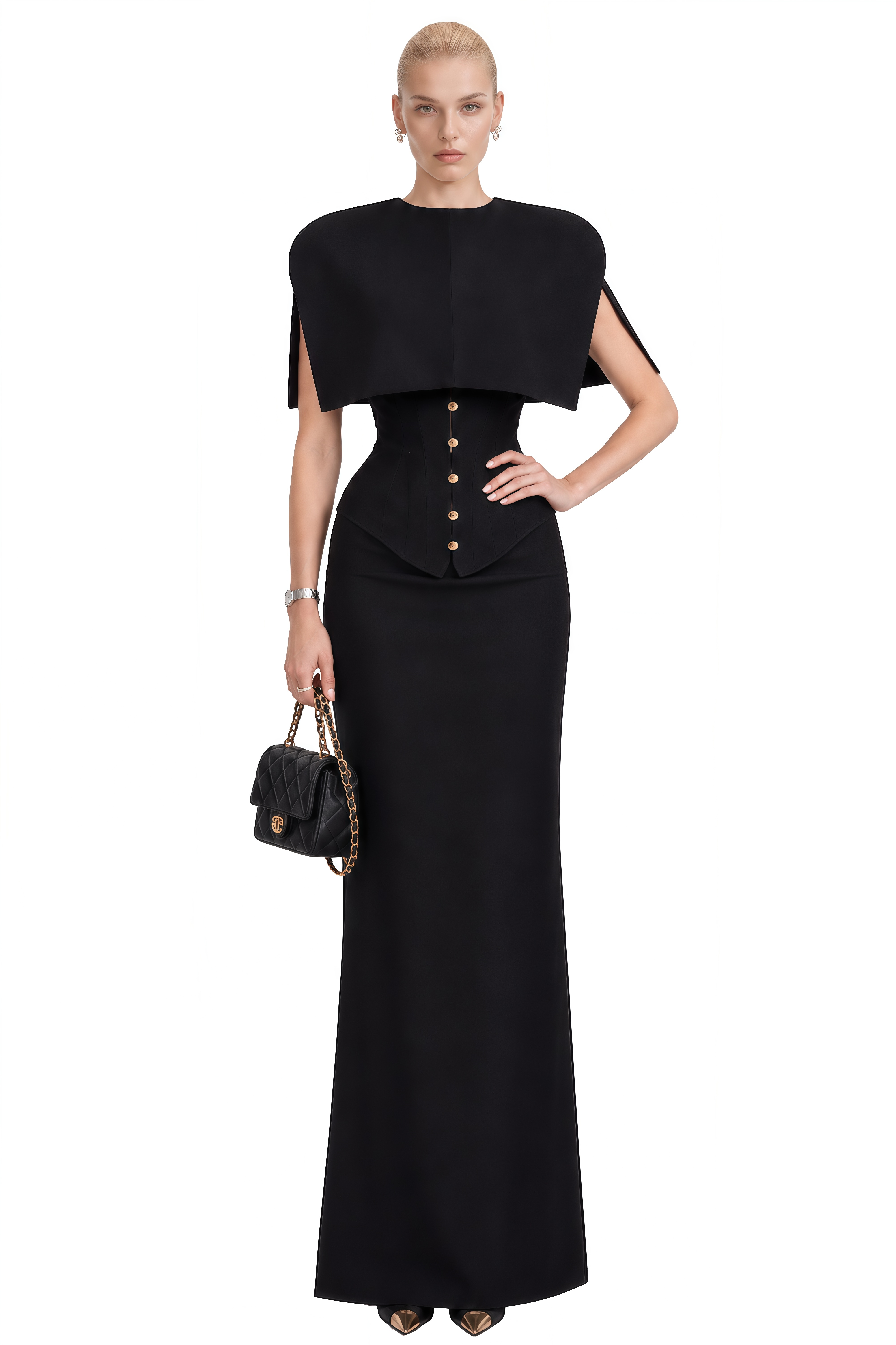 Zephyra Black Round Neck Cape Maxi Dress