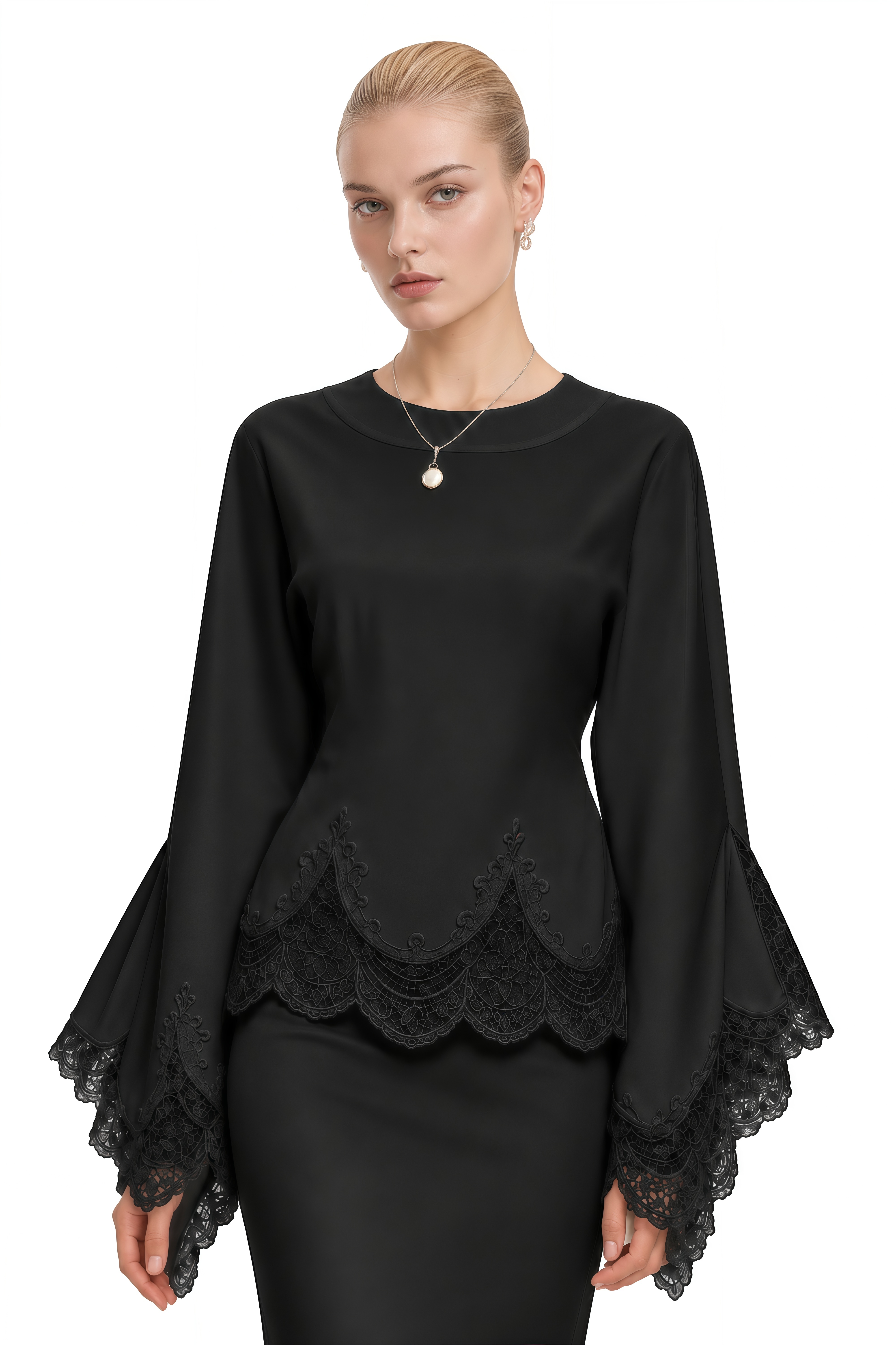 Amelia Black Round Neck Lace-Hem Blouse & Skirt Set