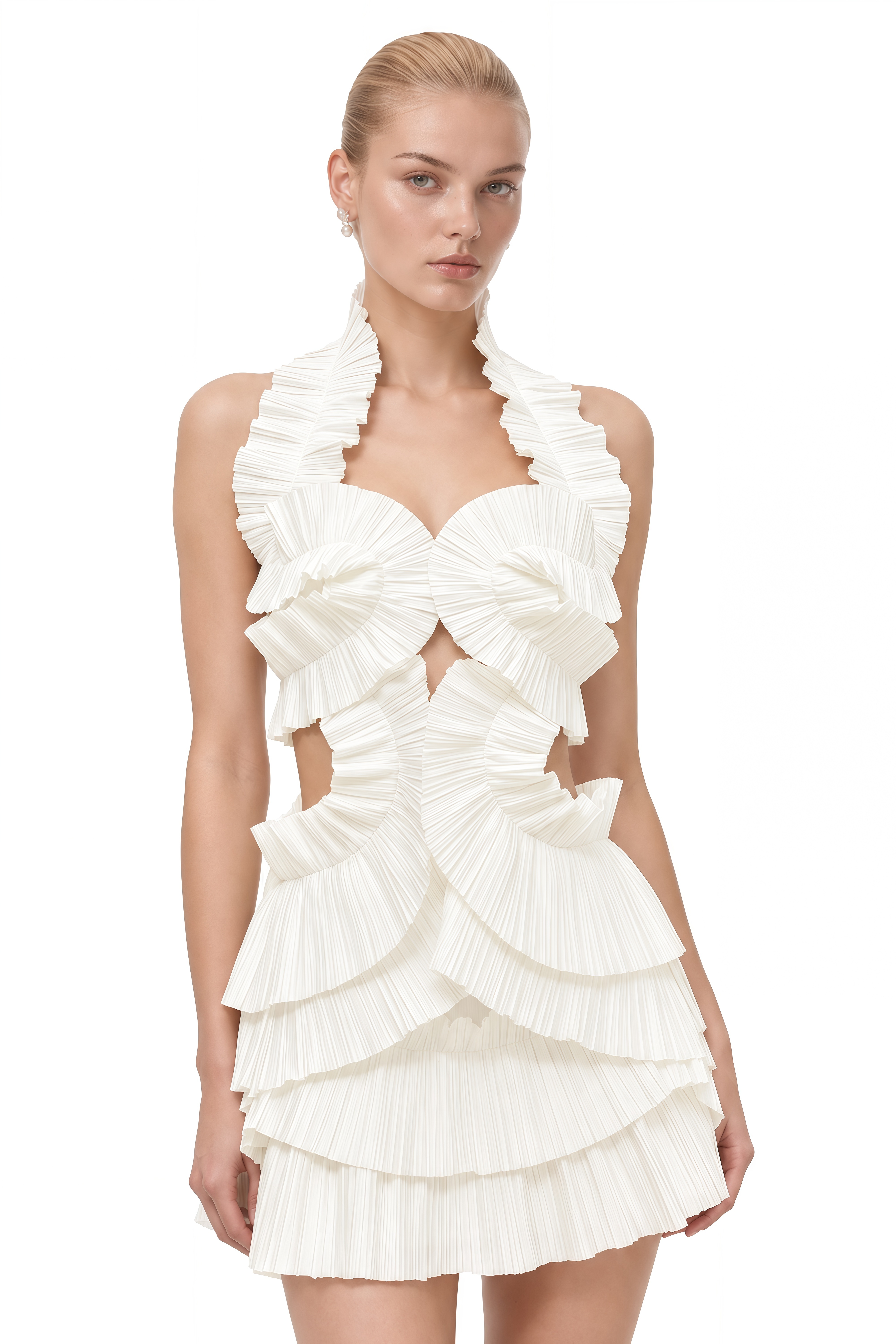 Chloé White Halterneck Pleated Mini Dress