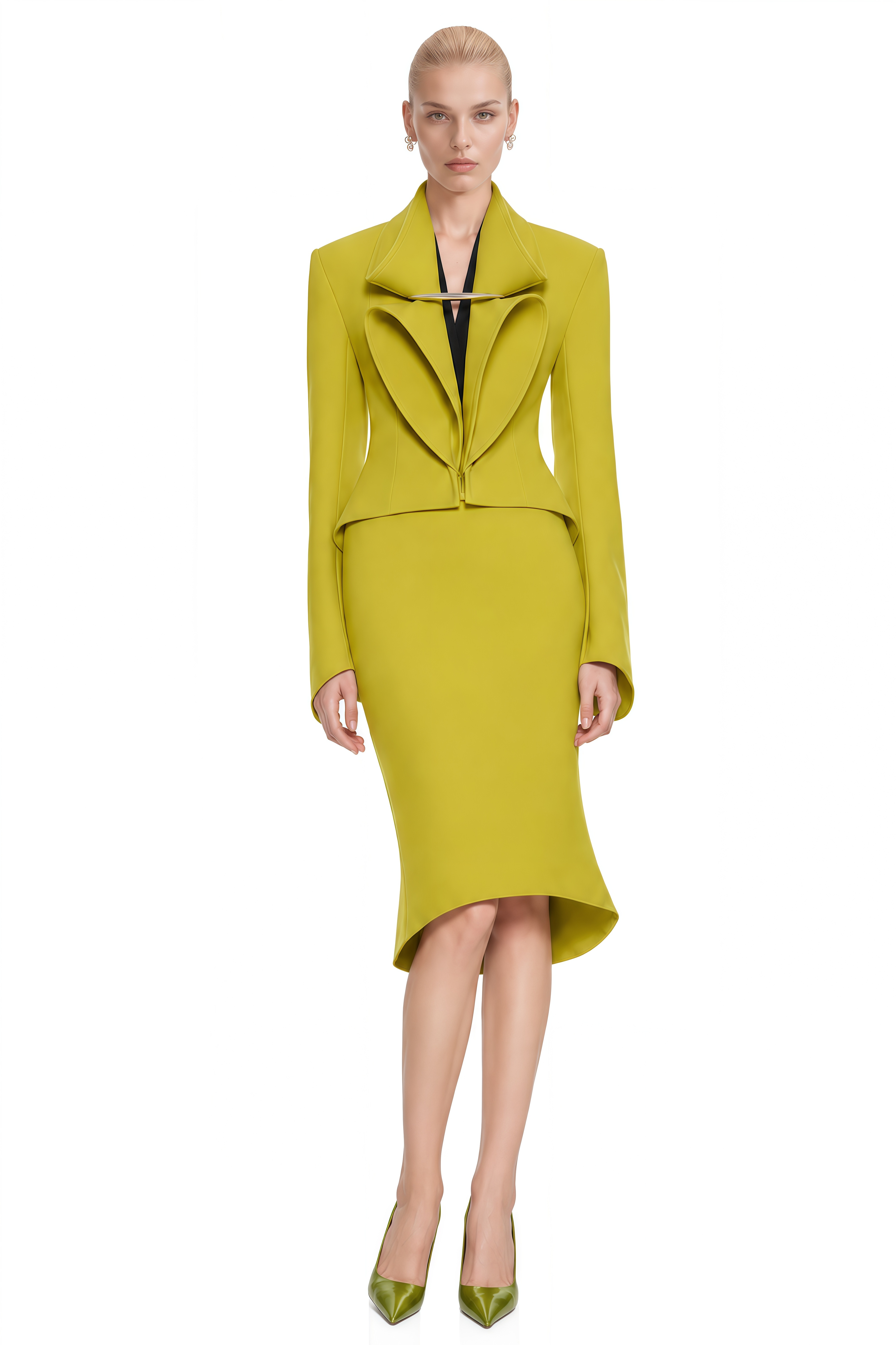 Grace Chartreuse Green Structured Asymmetrical Blazer & Skirt Set