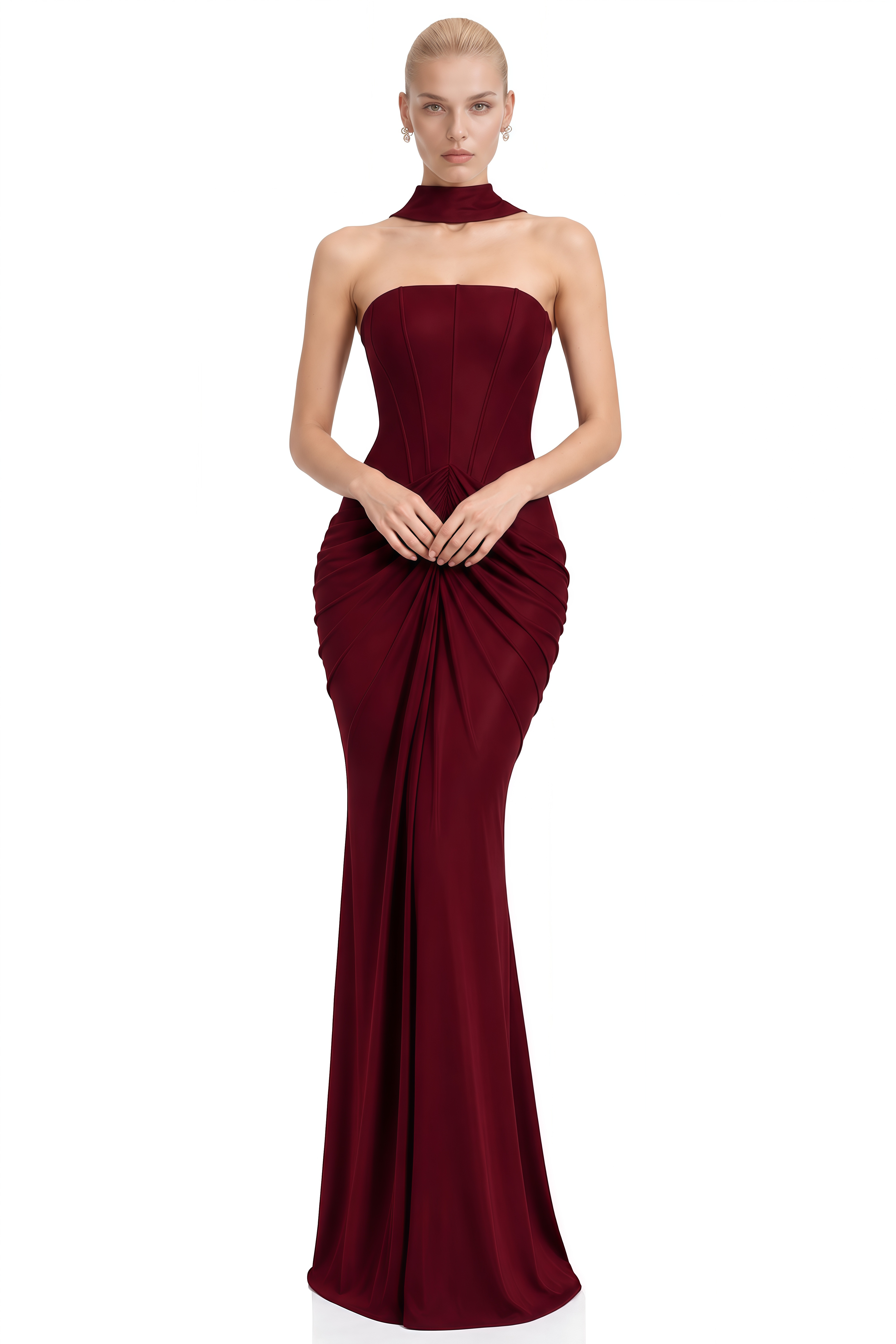 Emily Burgundy Strapless Ruched Maxi Dress