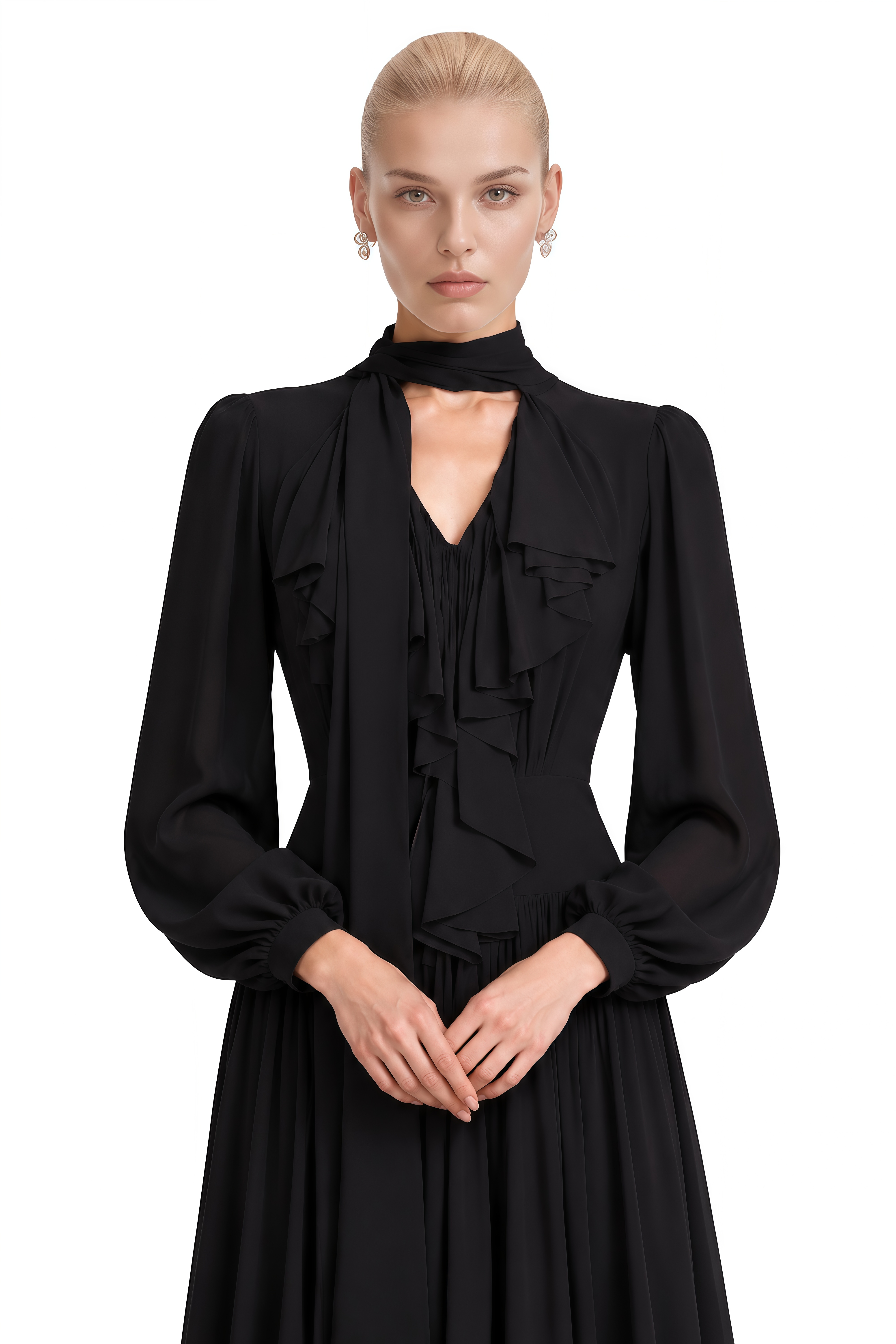 Verity Black Long Sleeves Pleated Maxi Dress