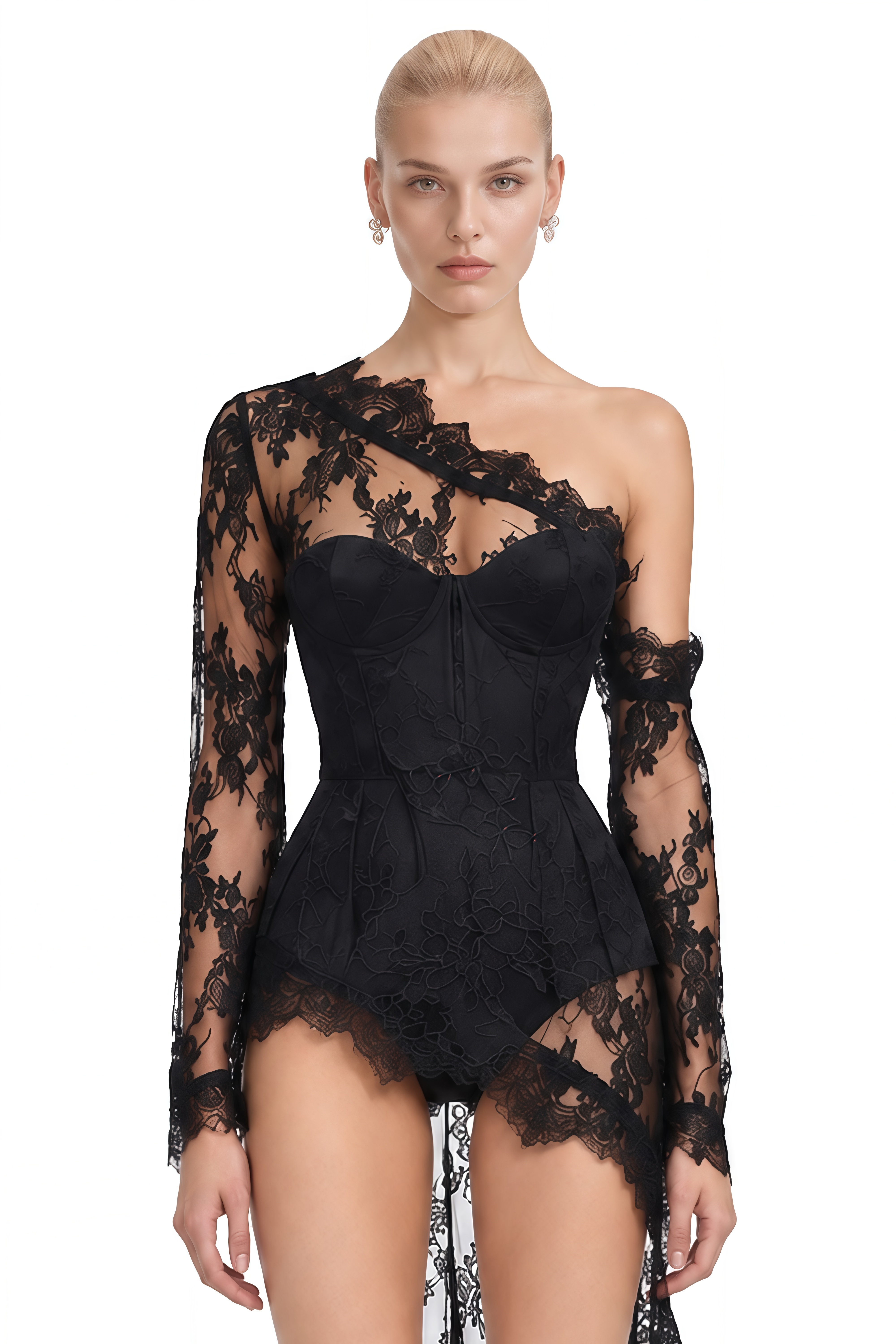 Adeline Black One-Shoulder Lace Mini Dress