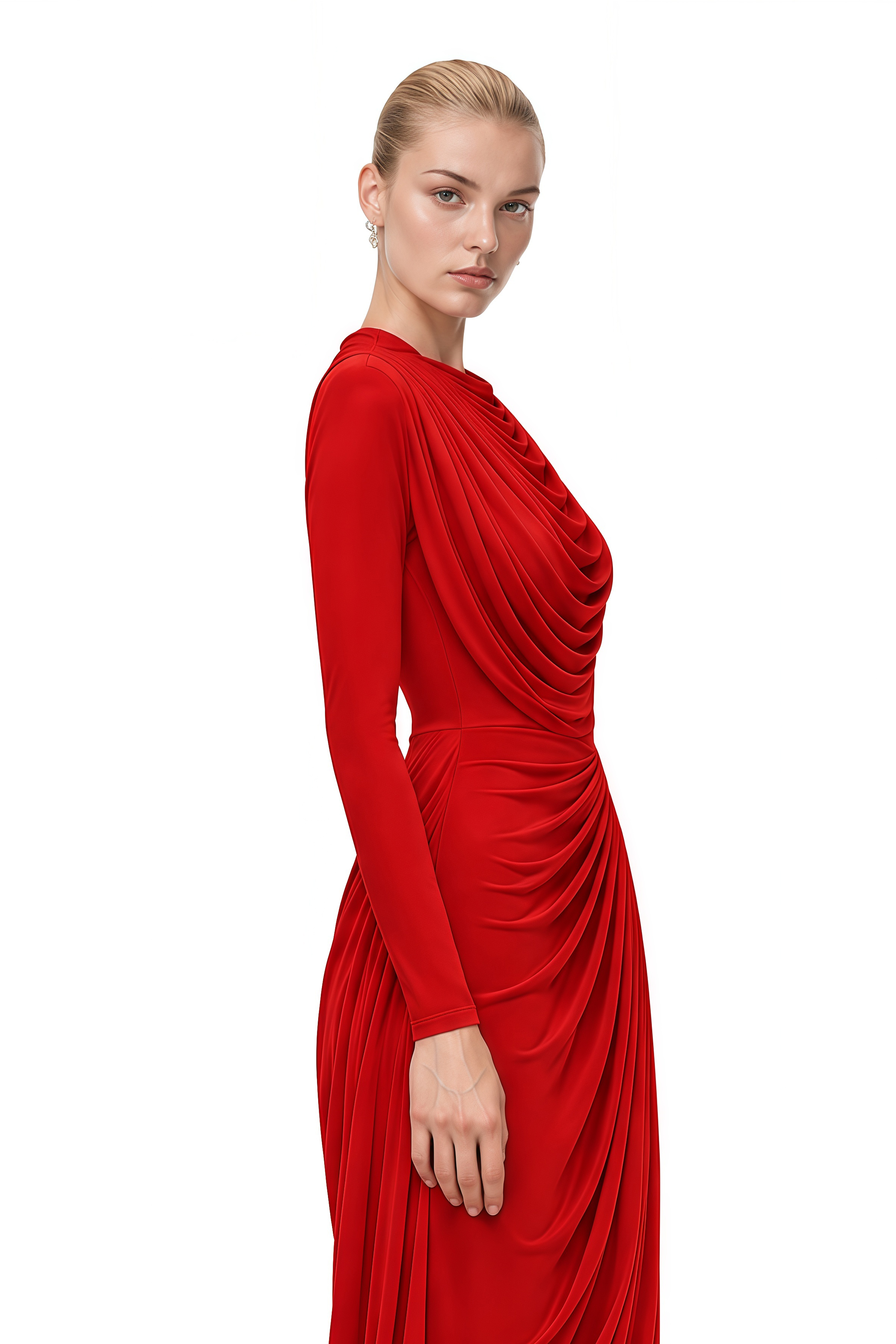 Margaux Red Asymmetric Ruched Maxi Dress