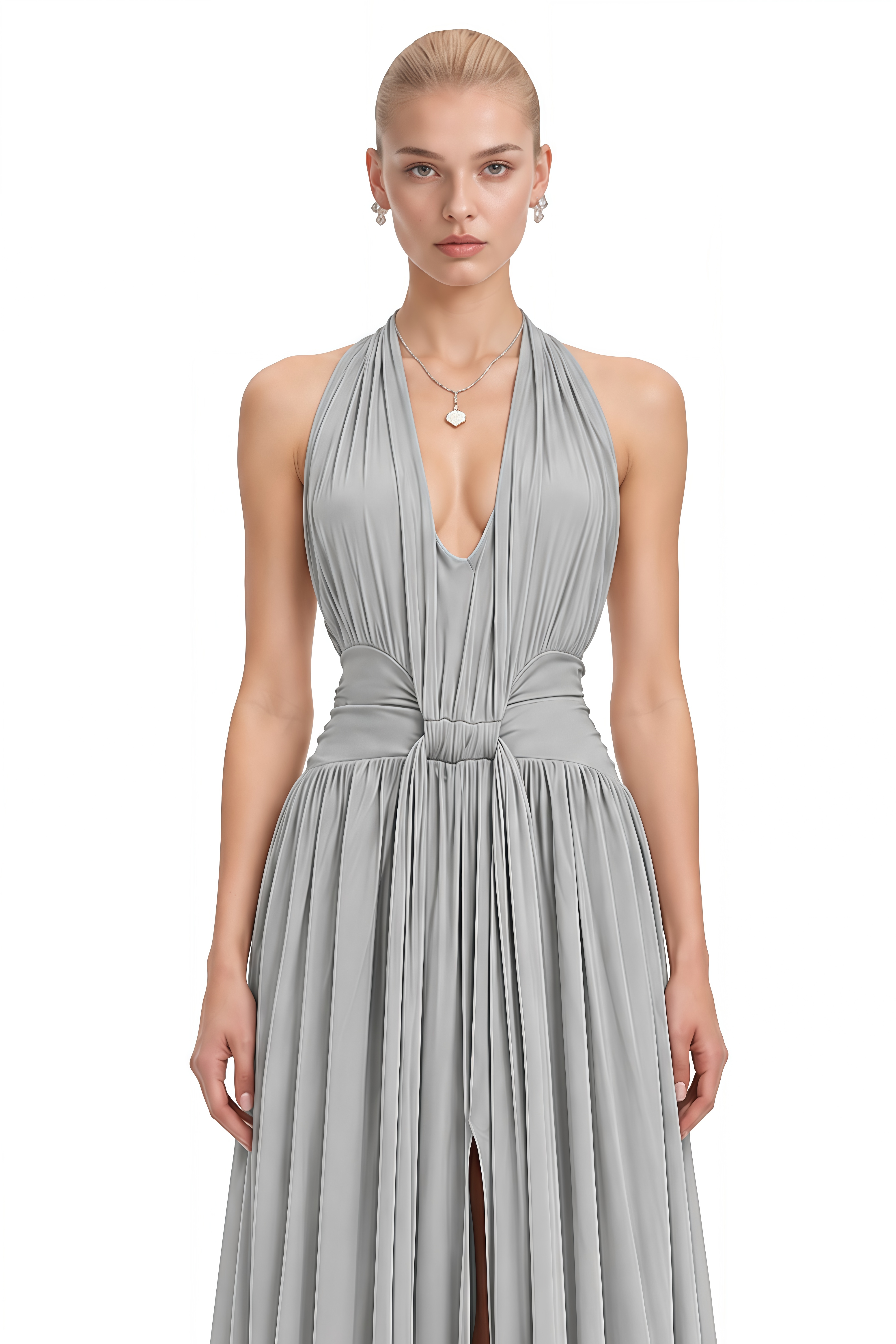 Ophelia Light Grey Halterneck Ruched Maxi Dress