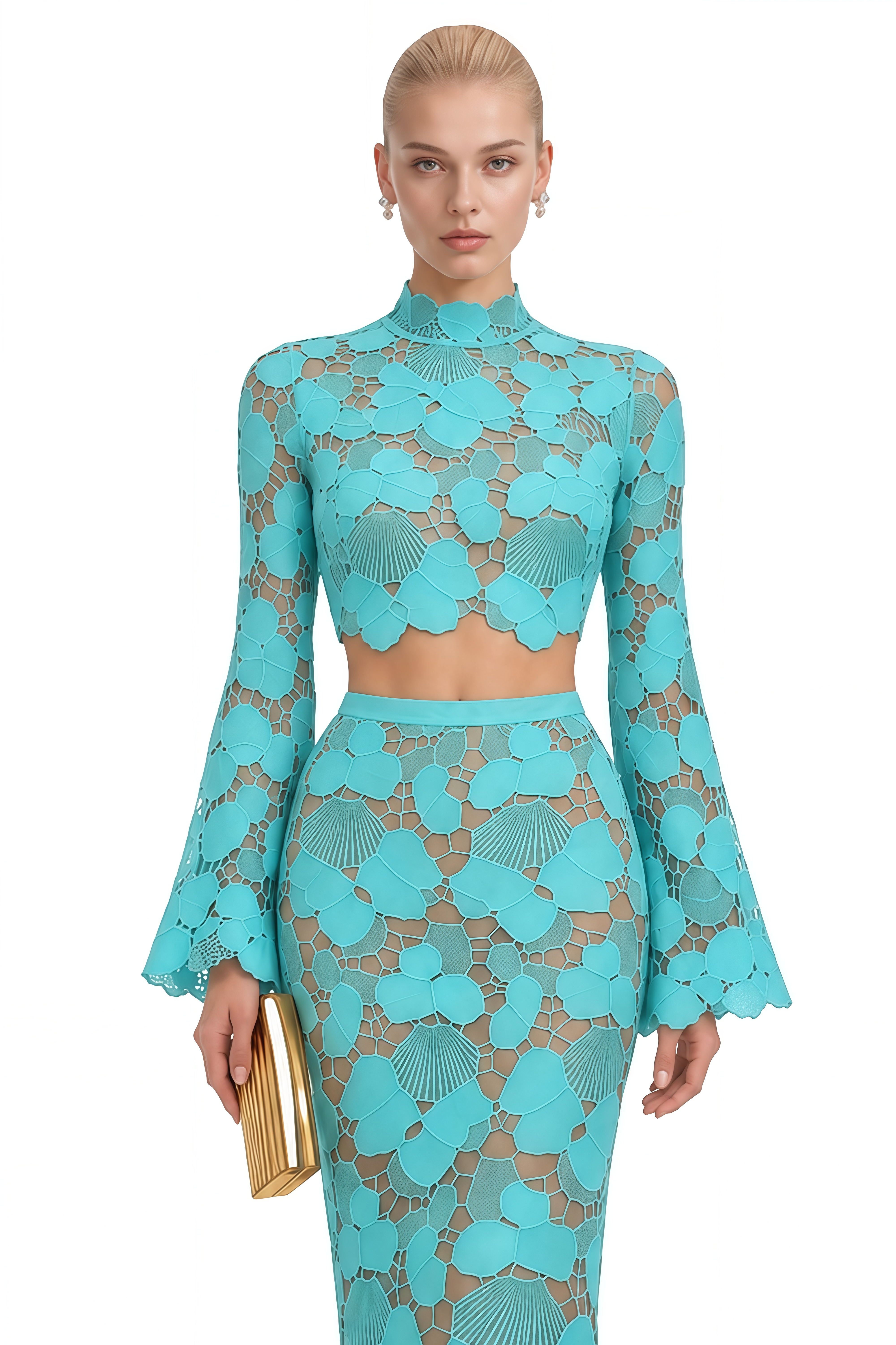Solène Turquoise Turtleneck Lace Top & Skirt Set