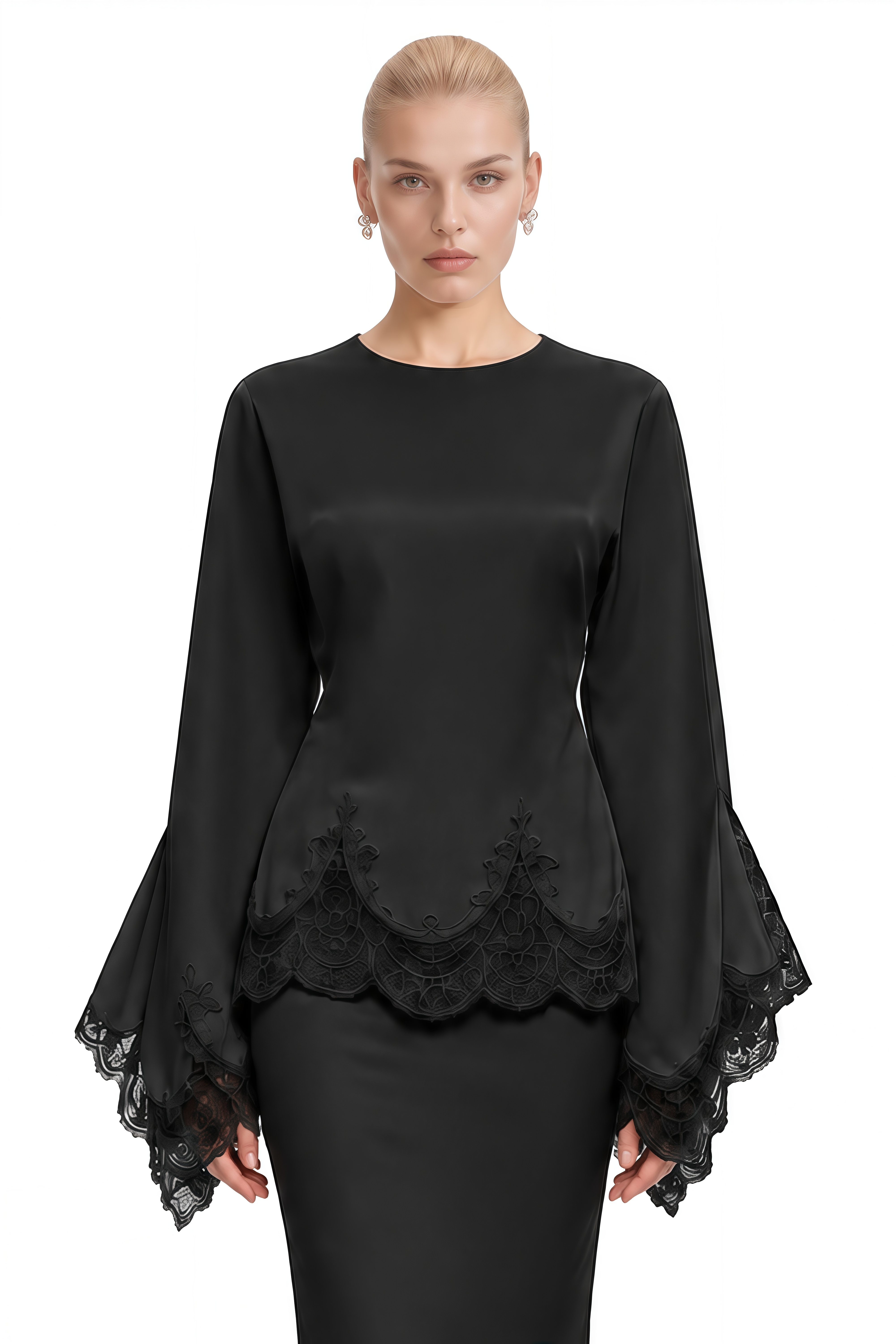 Amelia Black Round Neck Lace-Hem Blouse & Skirt Set