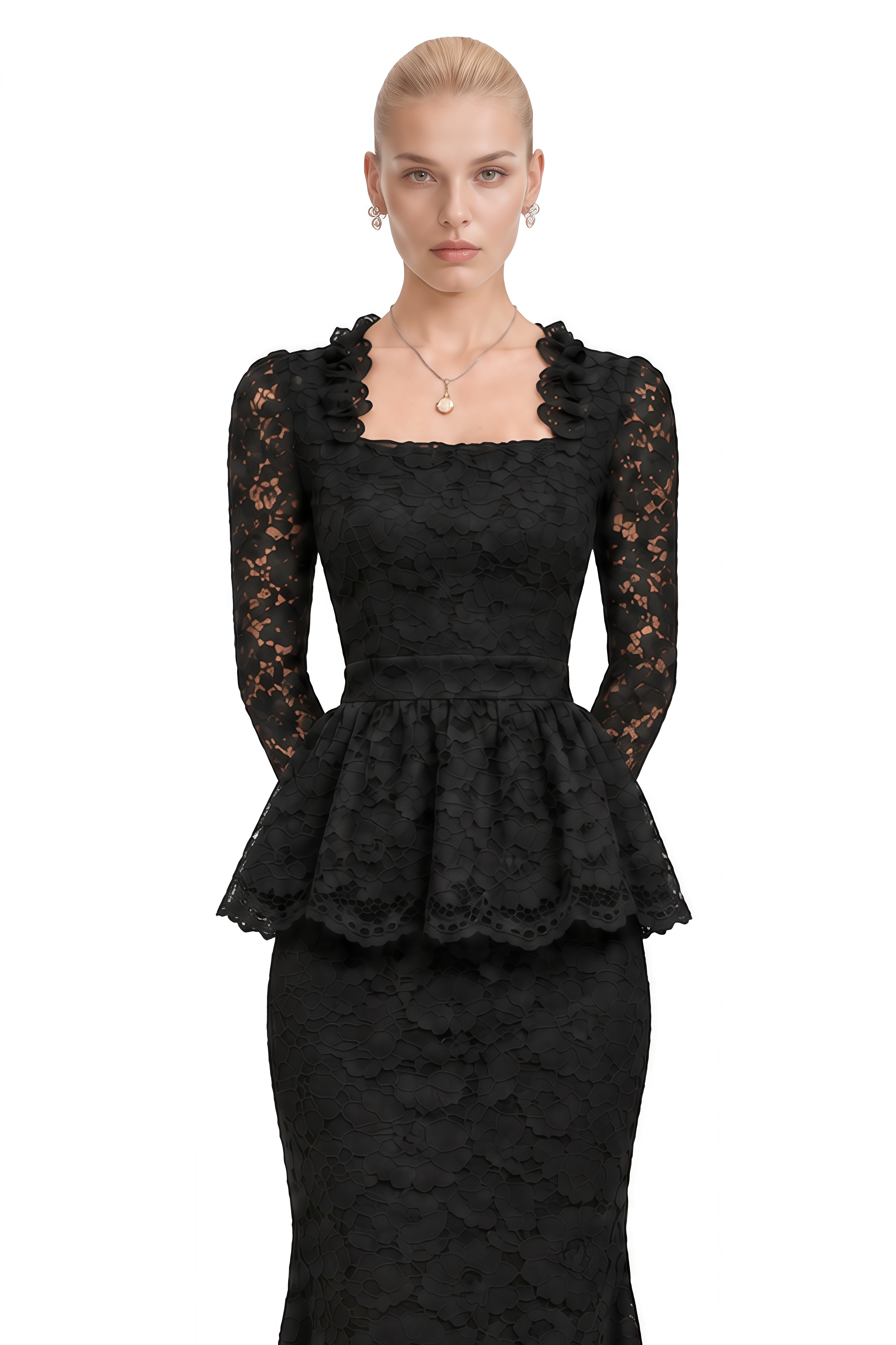 Gigi Black Floral Lace Scalloped Top & Skirt Set