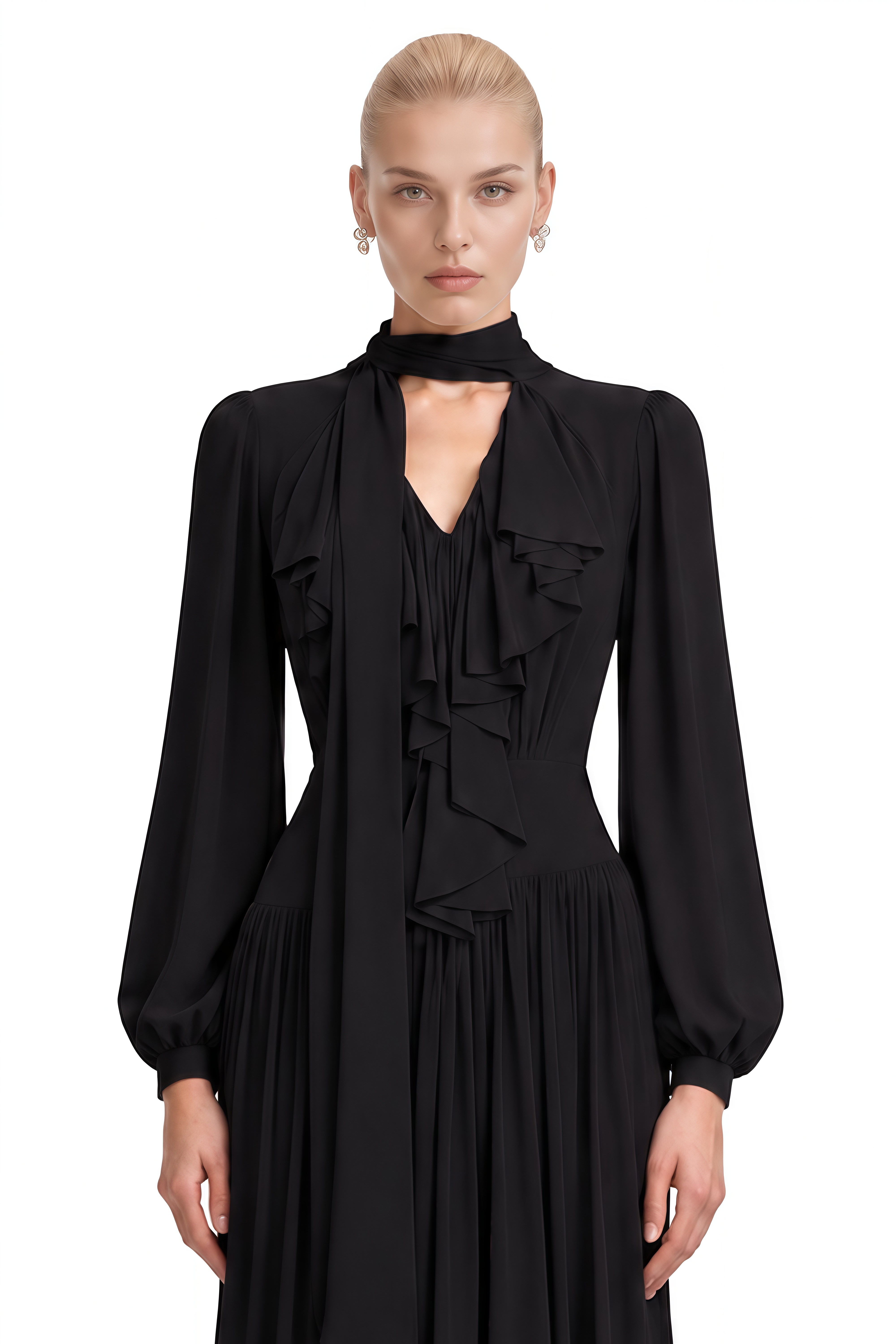 Verity Black Long Sleeves Pleated Maxi Dress