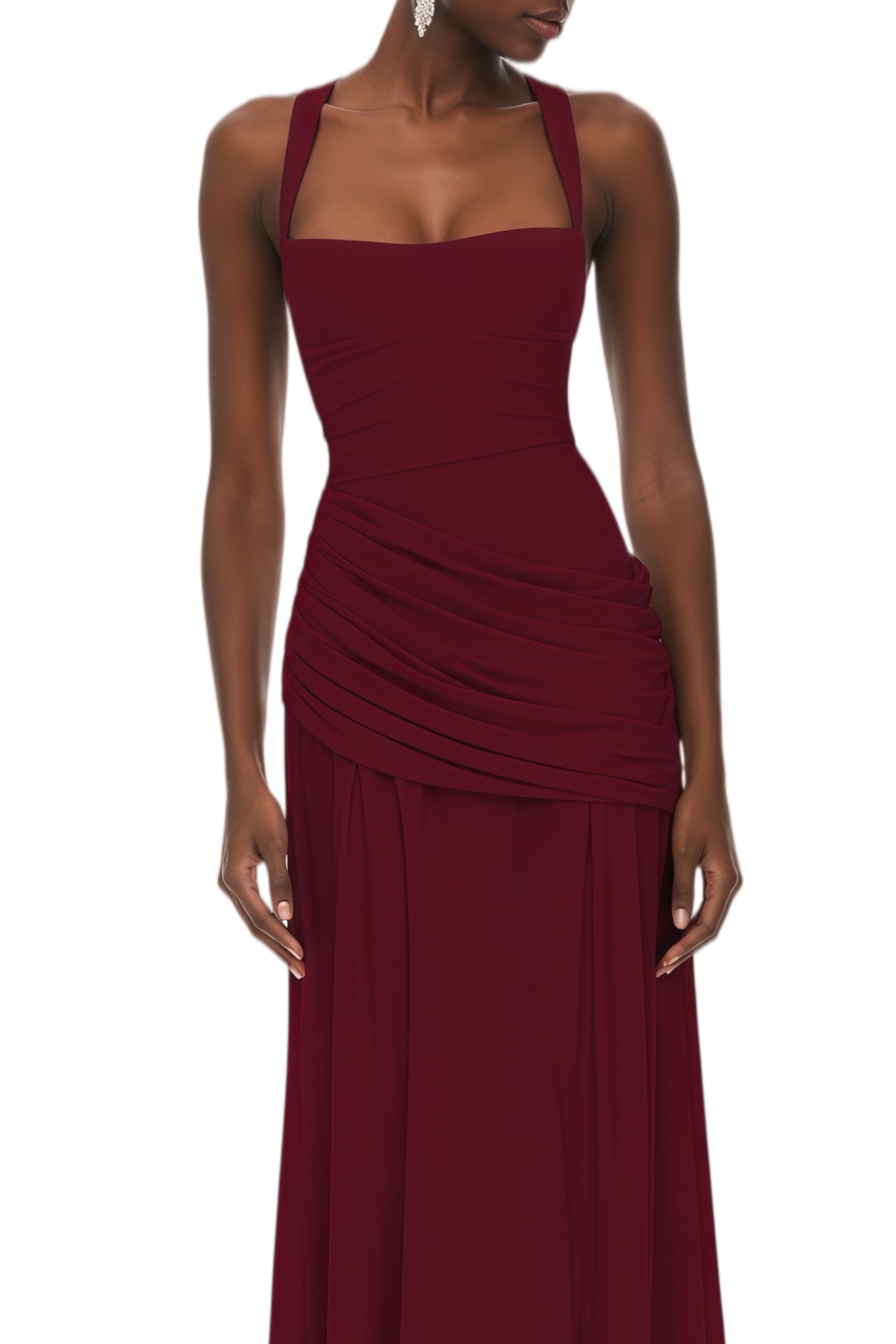 Althea Burgundy Lace-Up Back Ruched Maxi Dress