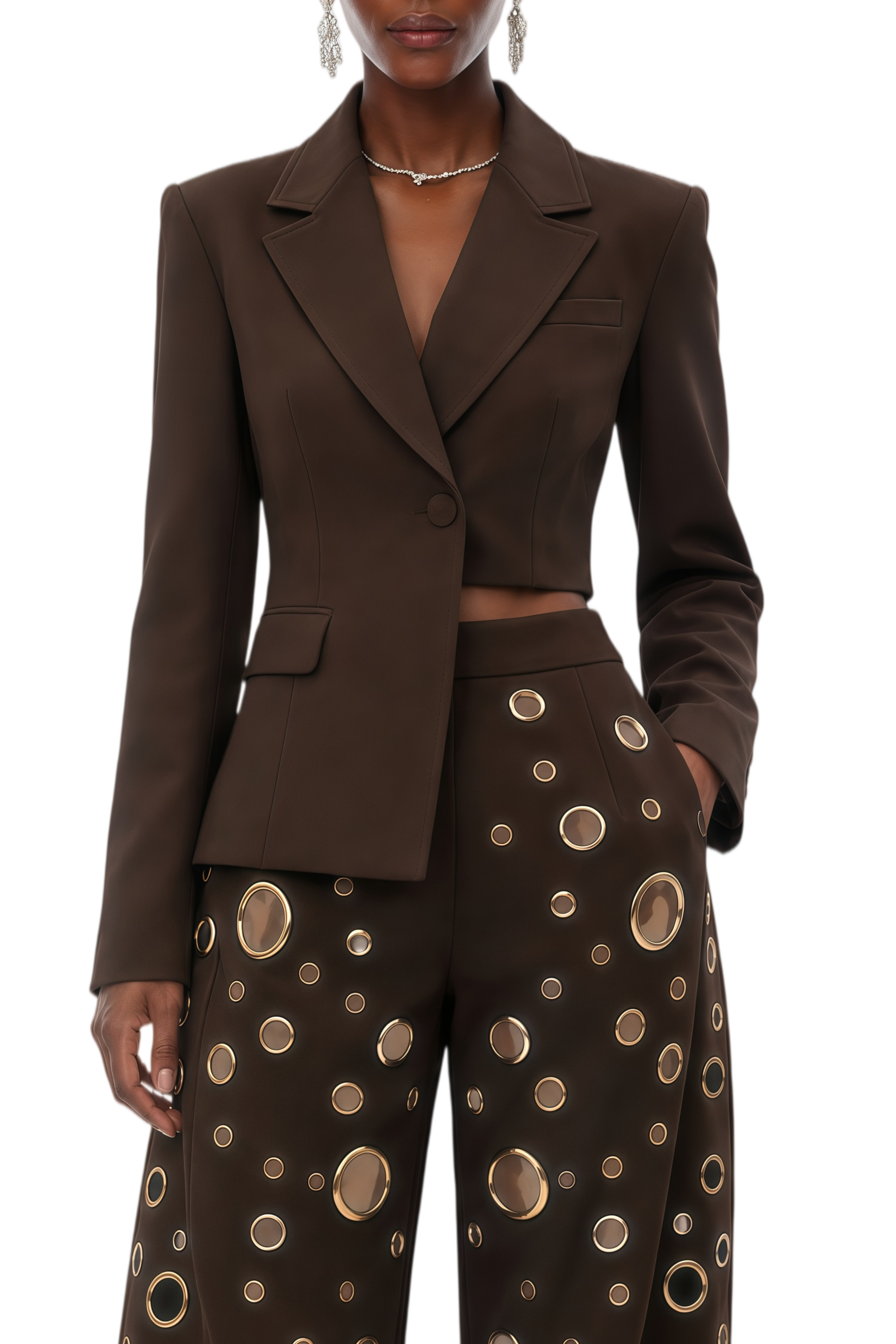 Jennifer Chocolate Brown Asymmetrical Blazer & Eyelet Balloon Trousers Set