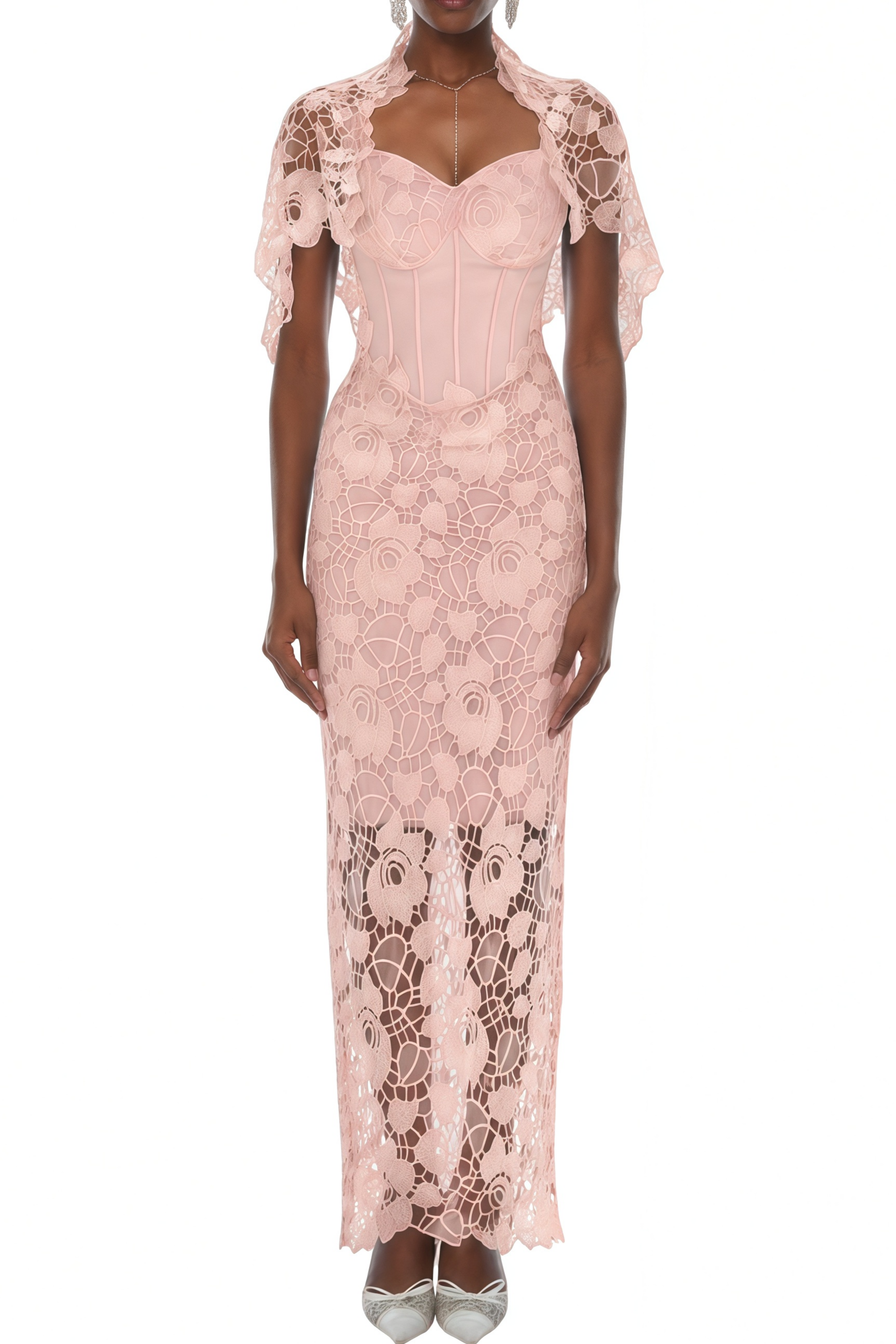 Elaine Pink Floral Lace Shawl & Corset Dress Set