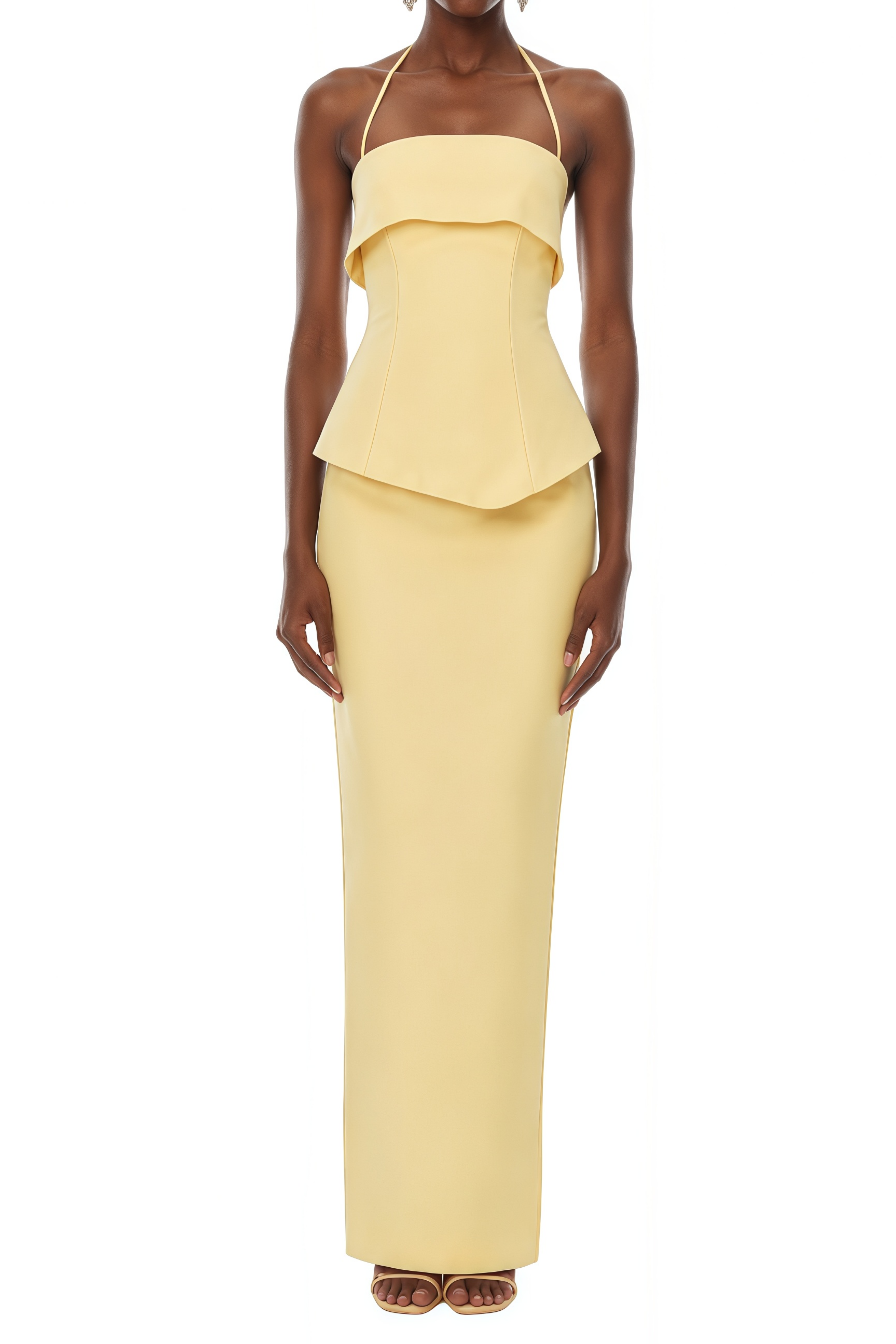 Elara Lemon Yellow Halterneck Back Slit Maxi Dress