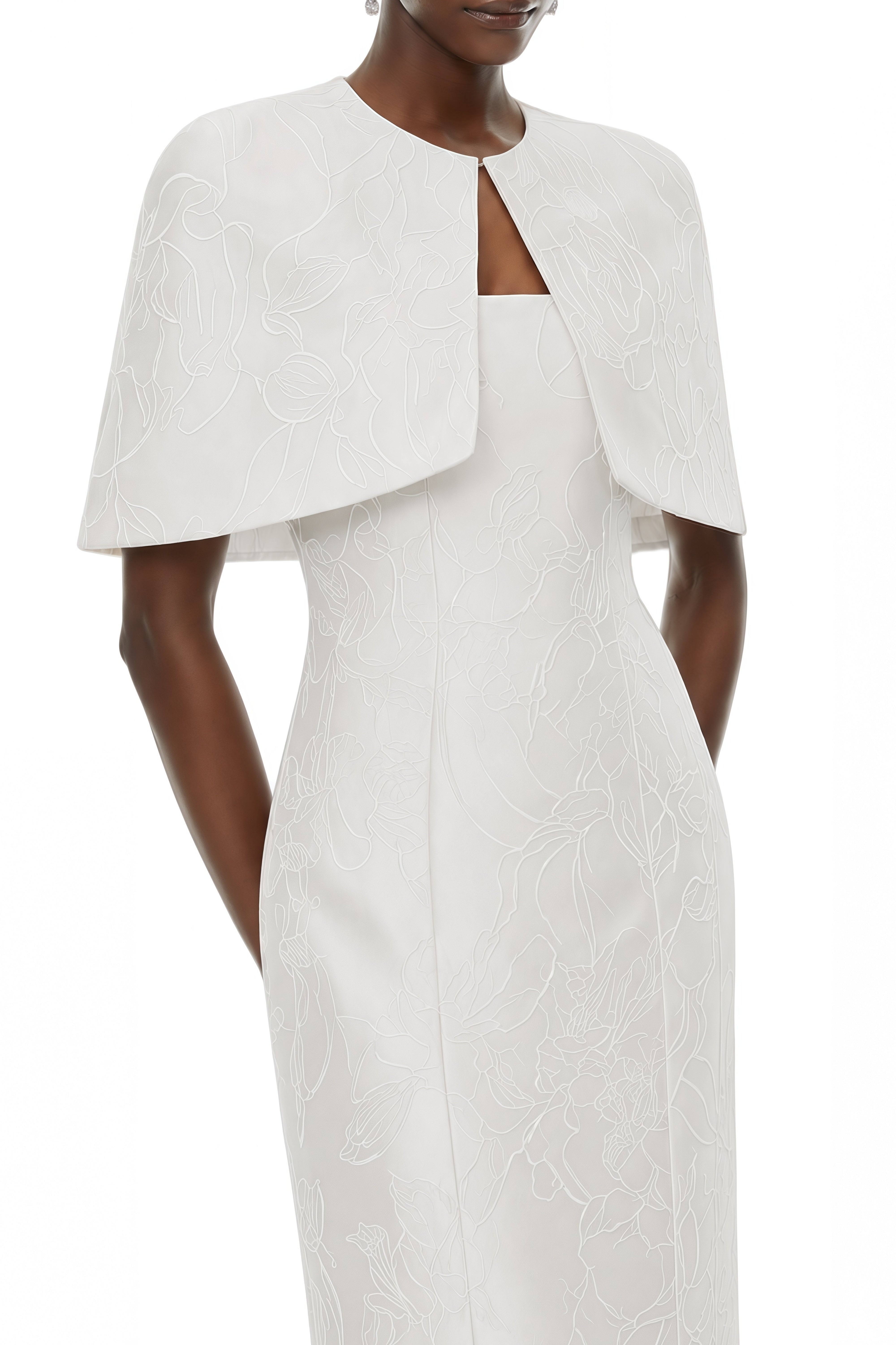 Celeste White Cape Design High Waist Midi Dress
