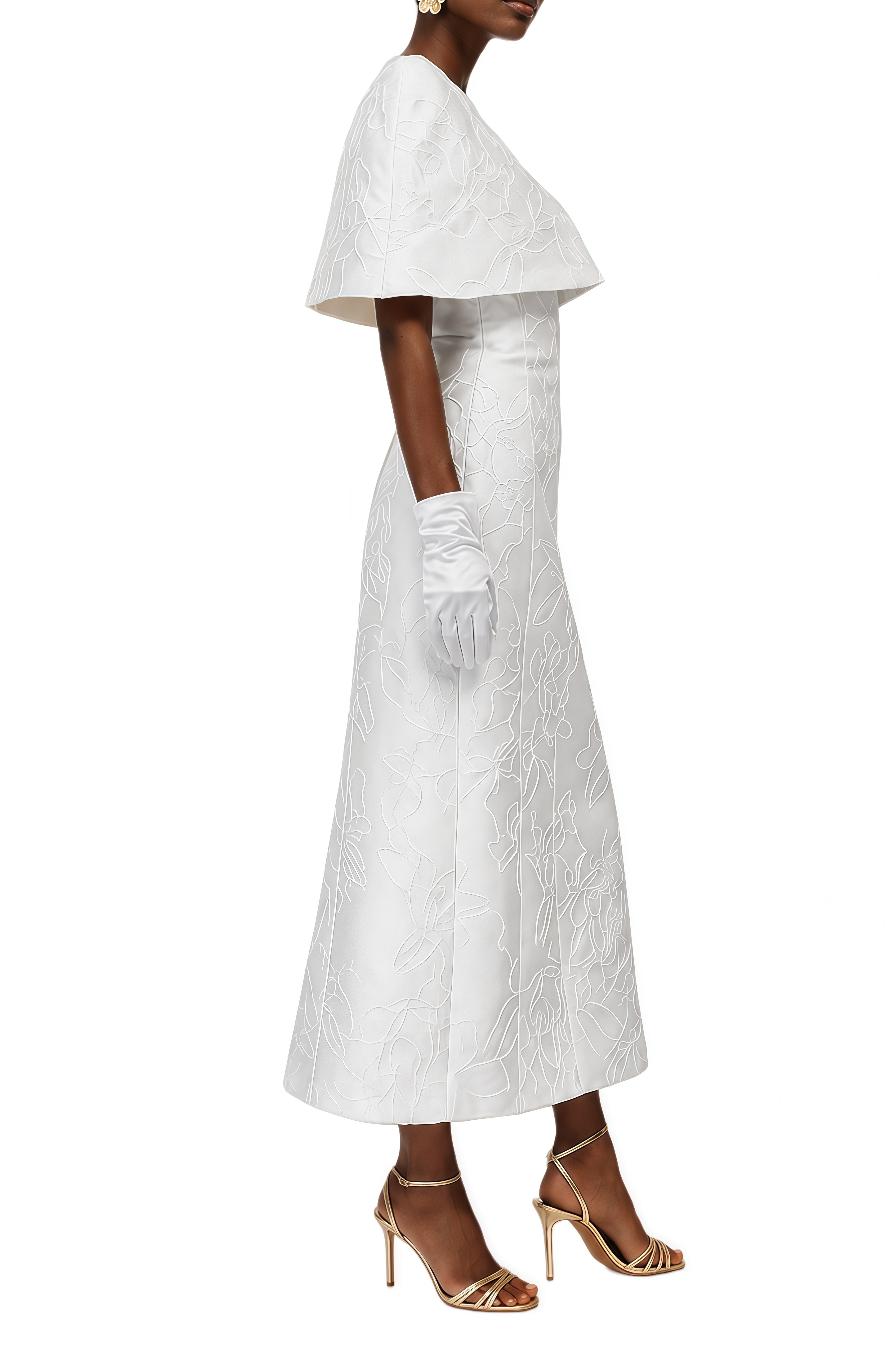 Celeste White Cape Design High Waist Midi Dress