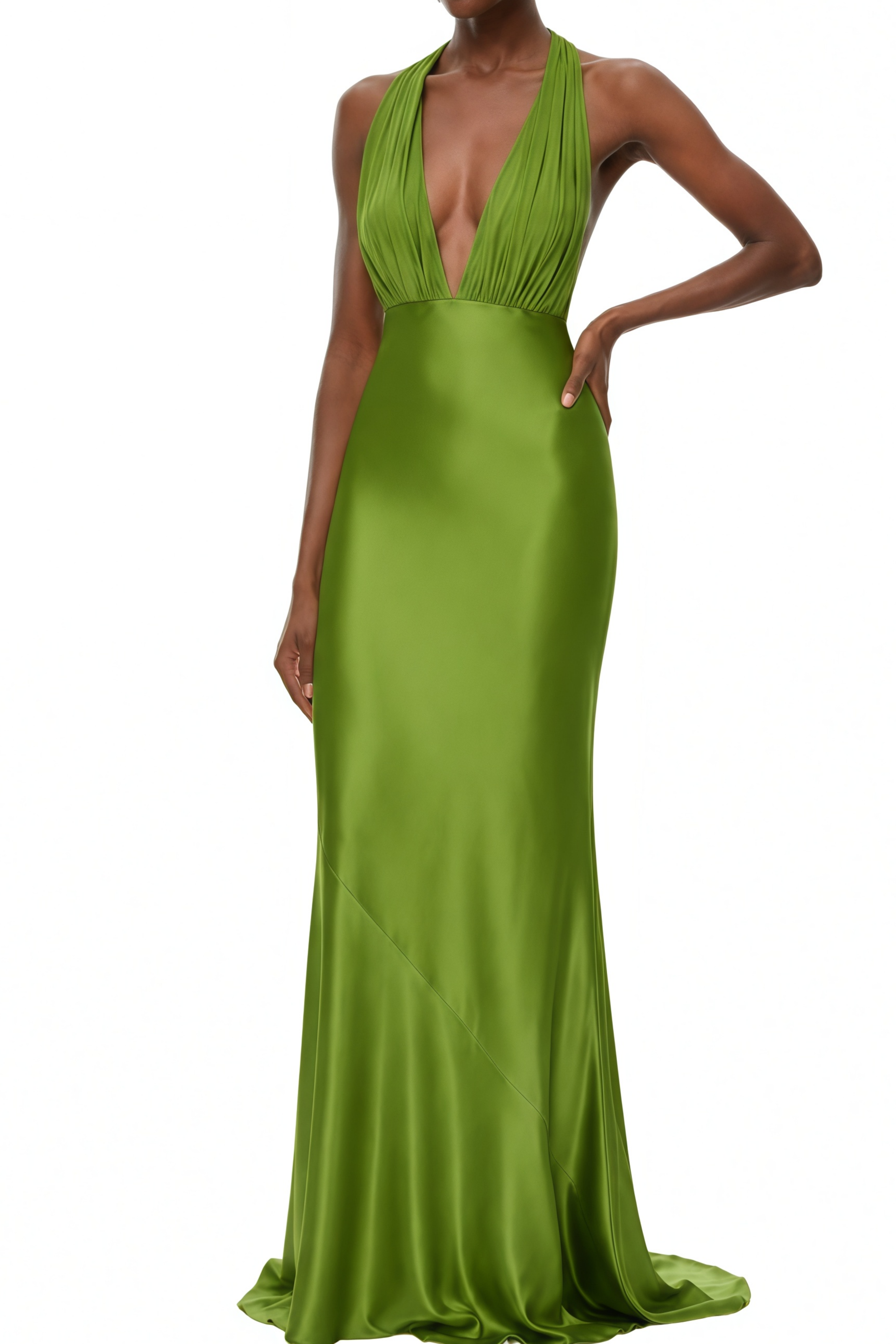 Adeline Green Halterneck Ruched Maxi Dress