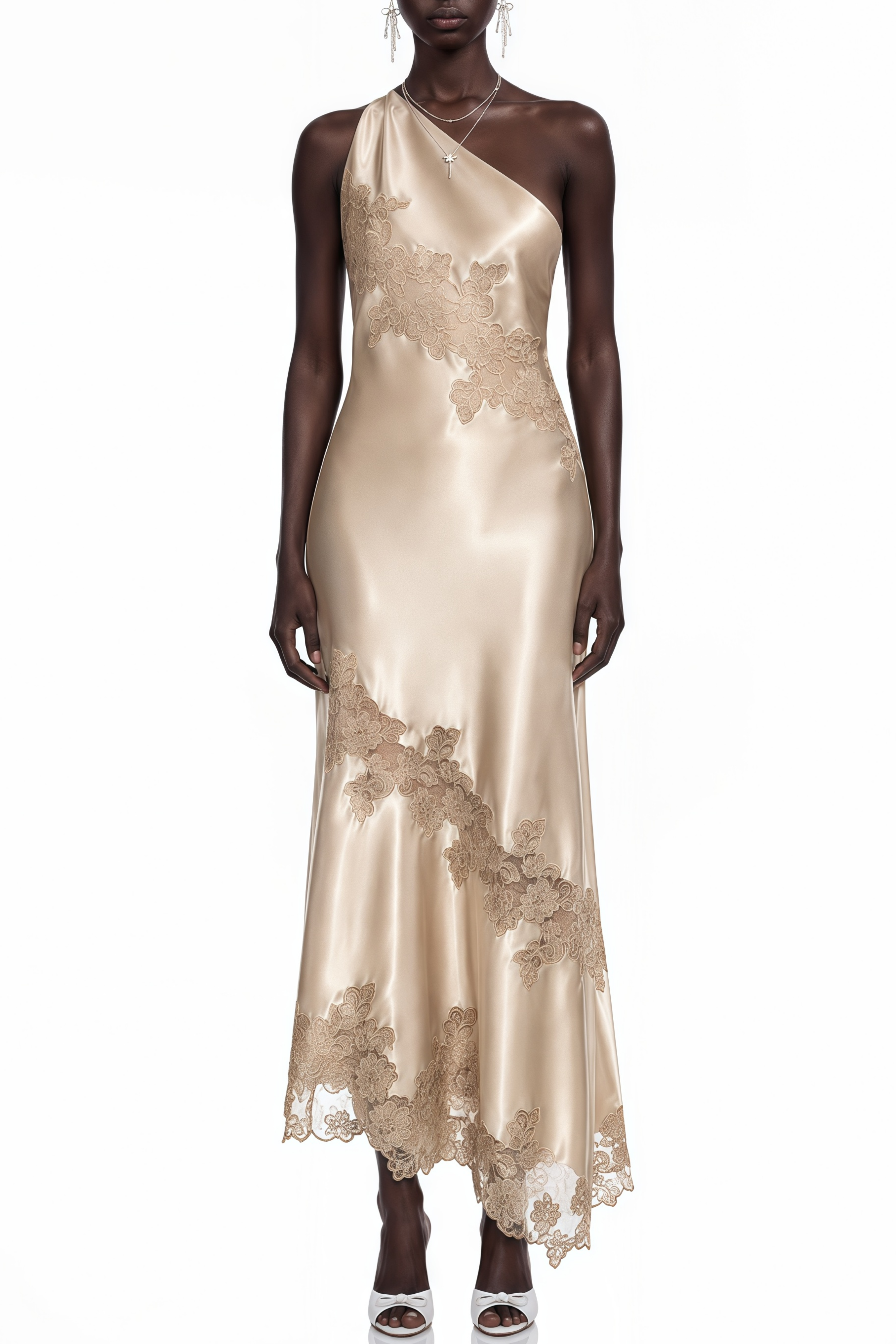 Della Champagne Lace Asymmetrical Midi Dress