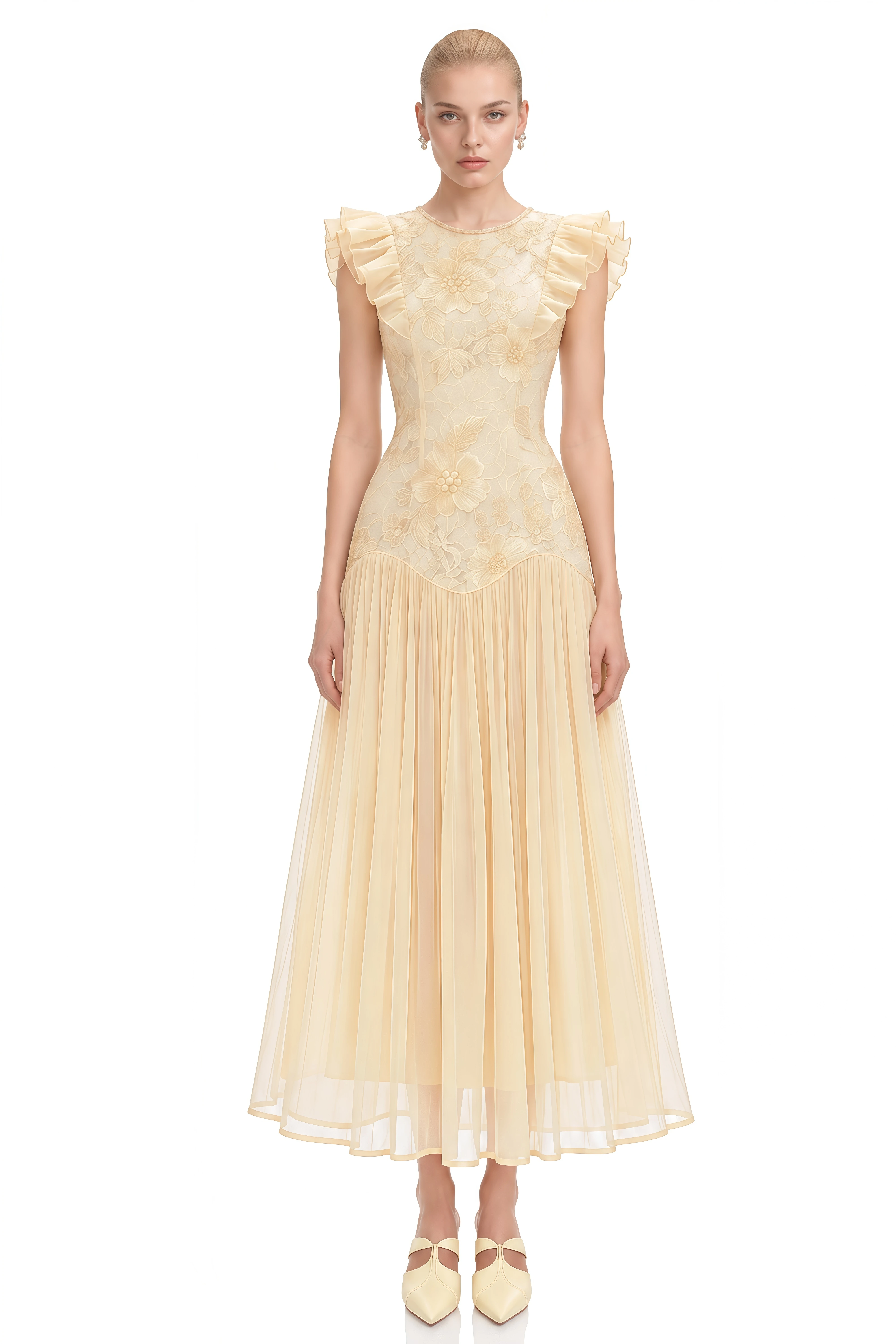 Manon Yellow Round Neck Pleated Midi Dress
