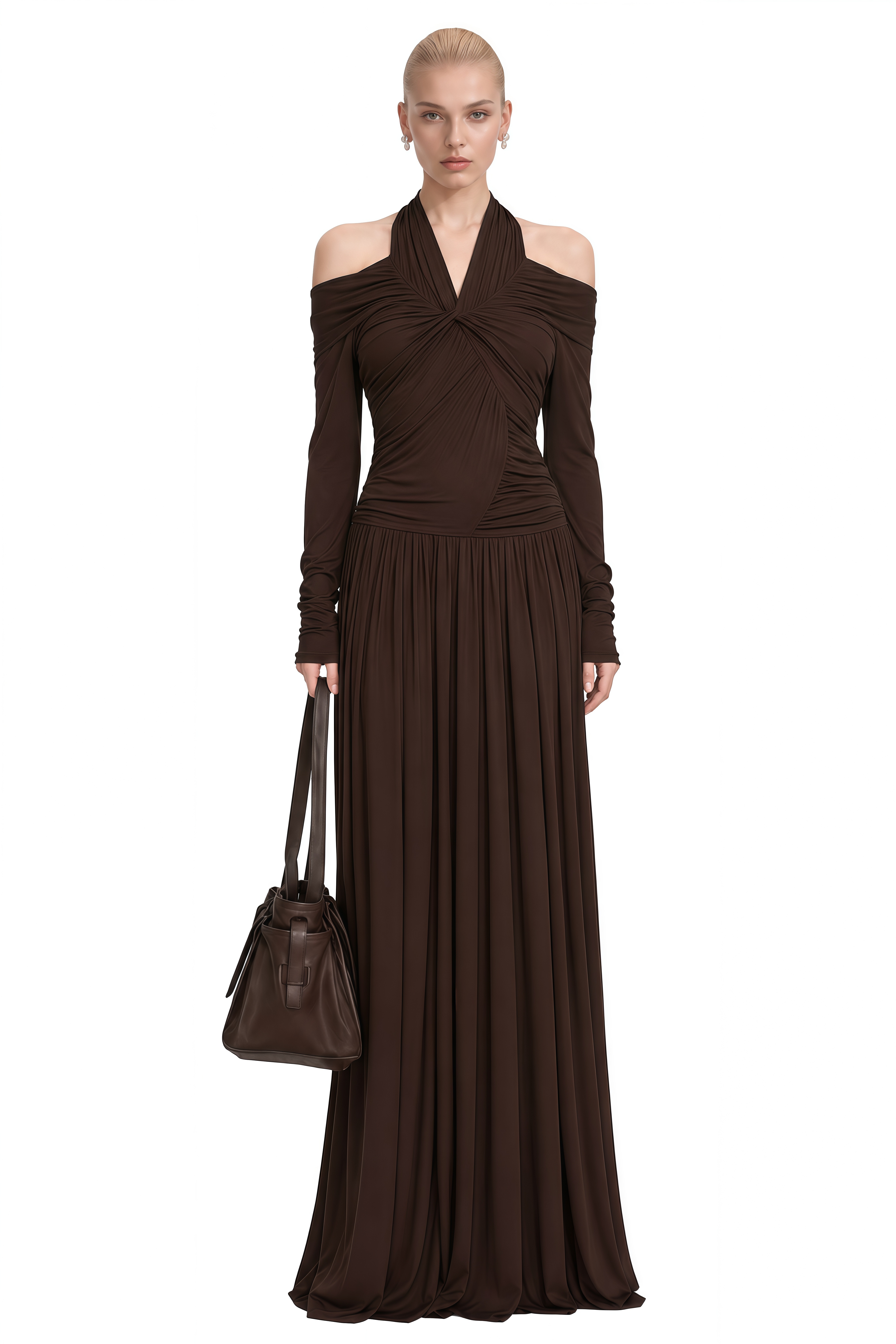 Nerissa Brown Off Shoulder Draped Maxi Dress