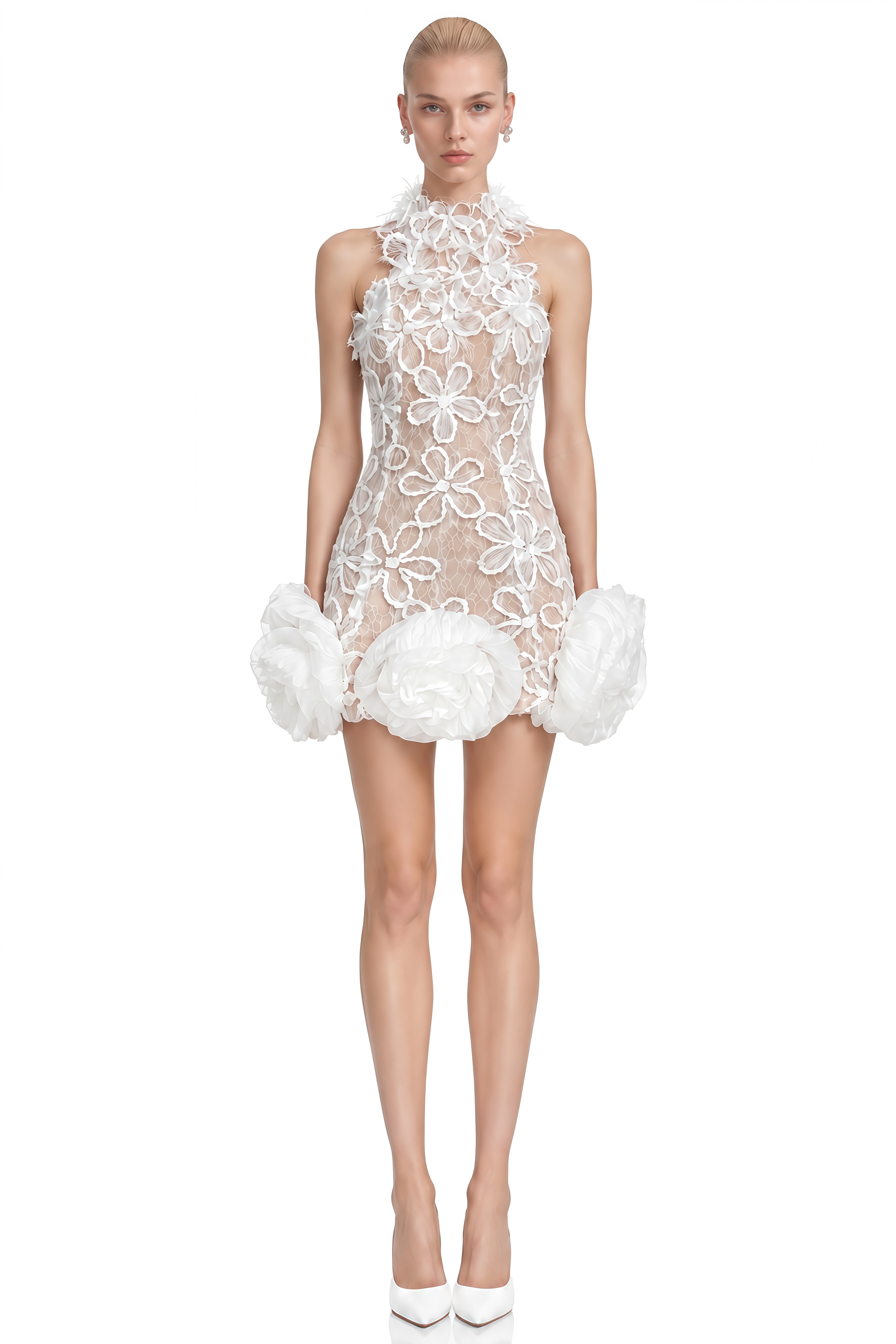 Isolde White Halterneck Floral Appliqué Mini Dress
