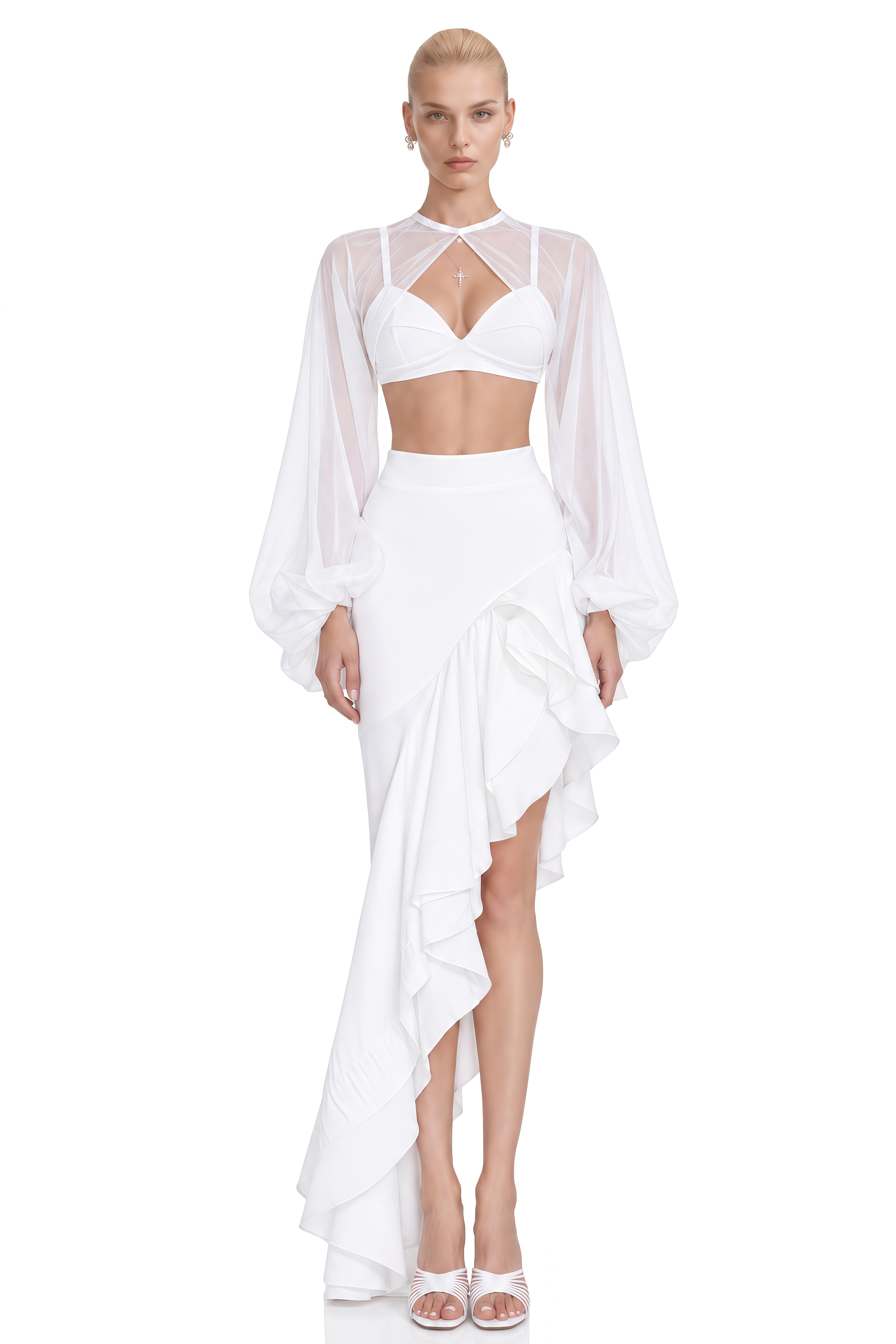 Juliet White Cape Sleeve Asymmetrical Top & Skirt Set