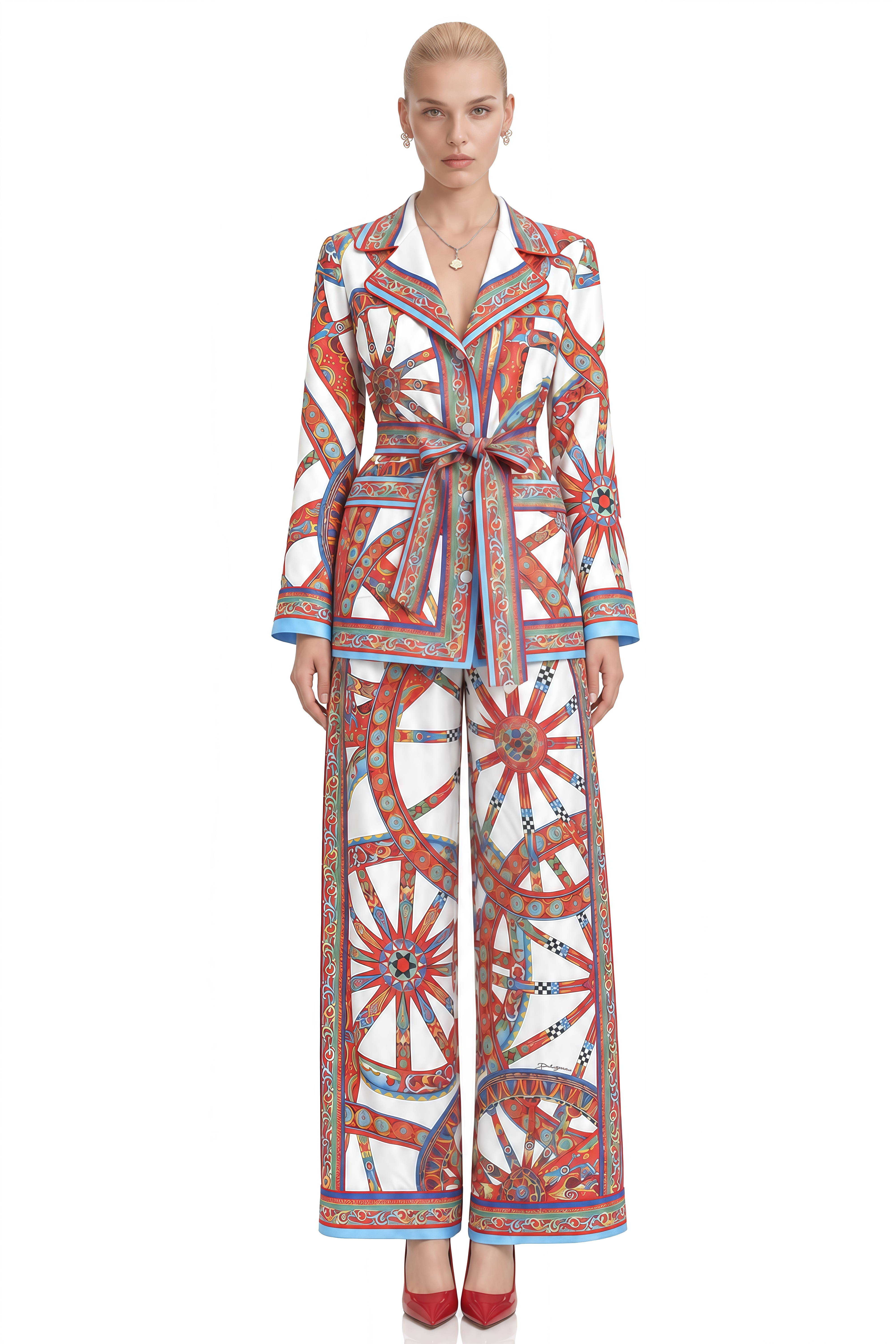 Elodie Multicolor Geometric Print Belted Blouse & Trousers Set