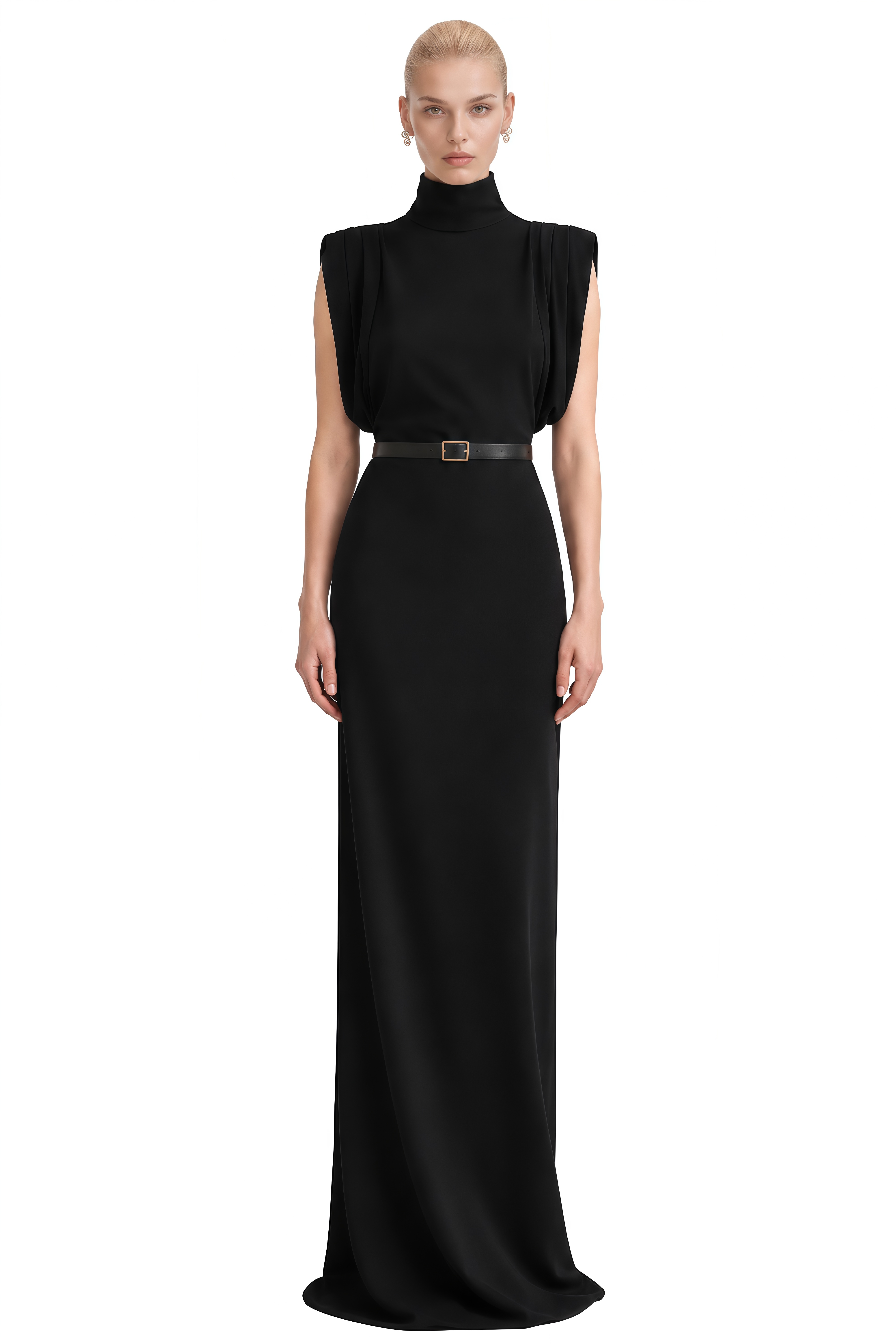 Inès Black Turtleneck Belted Maxi Dress