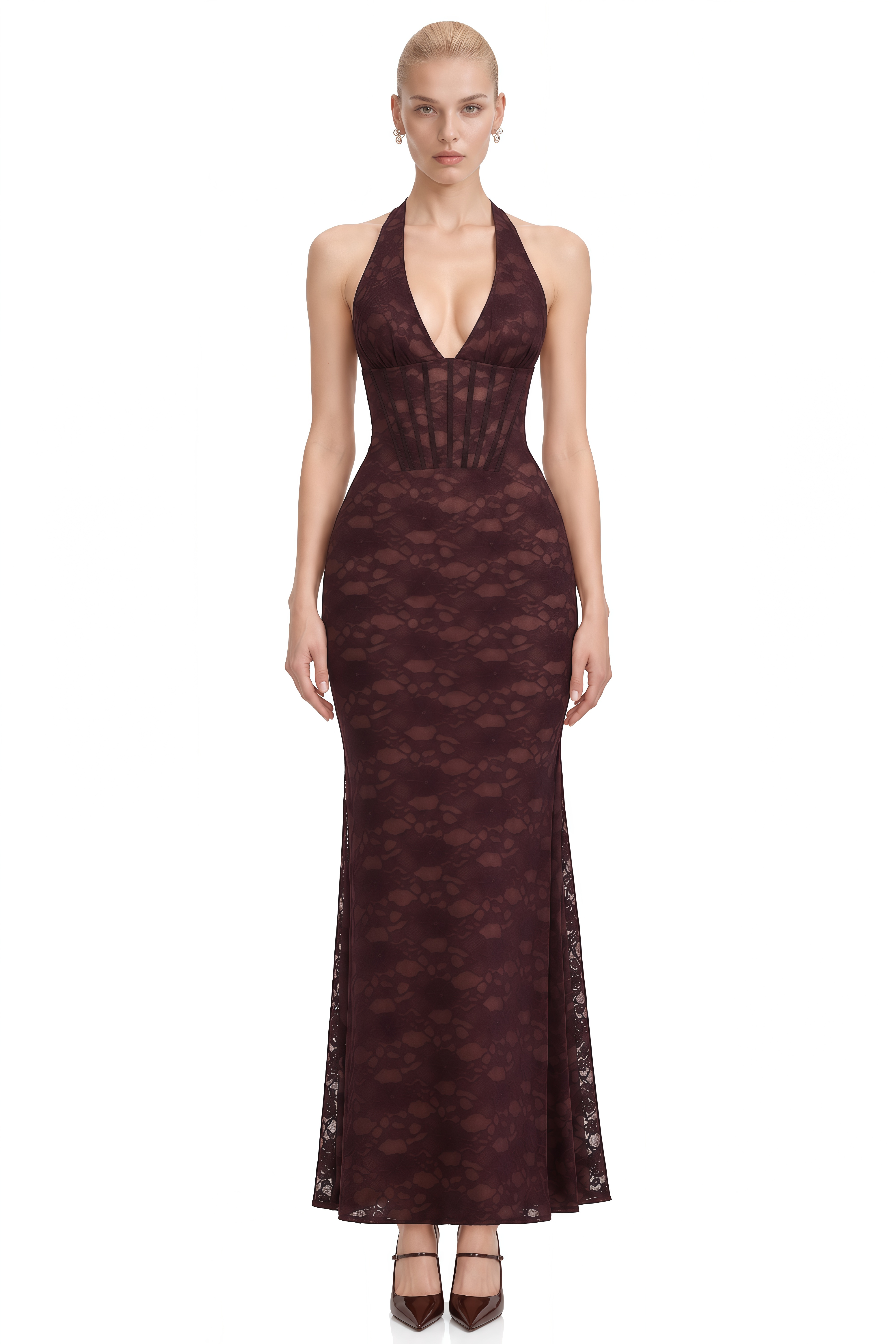 Claire Brown Halterneck Floral Lace Maxi Dress