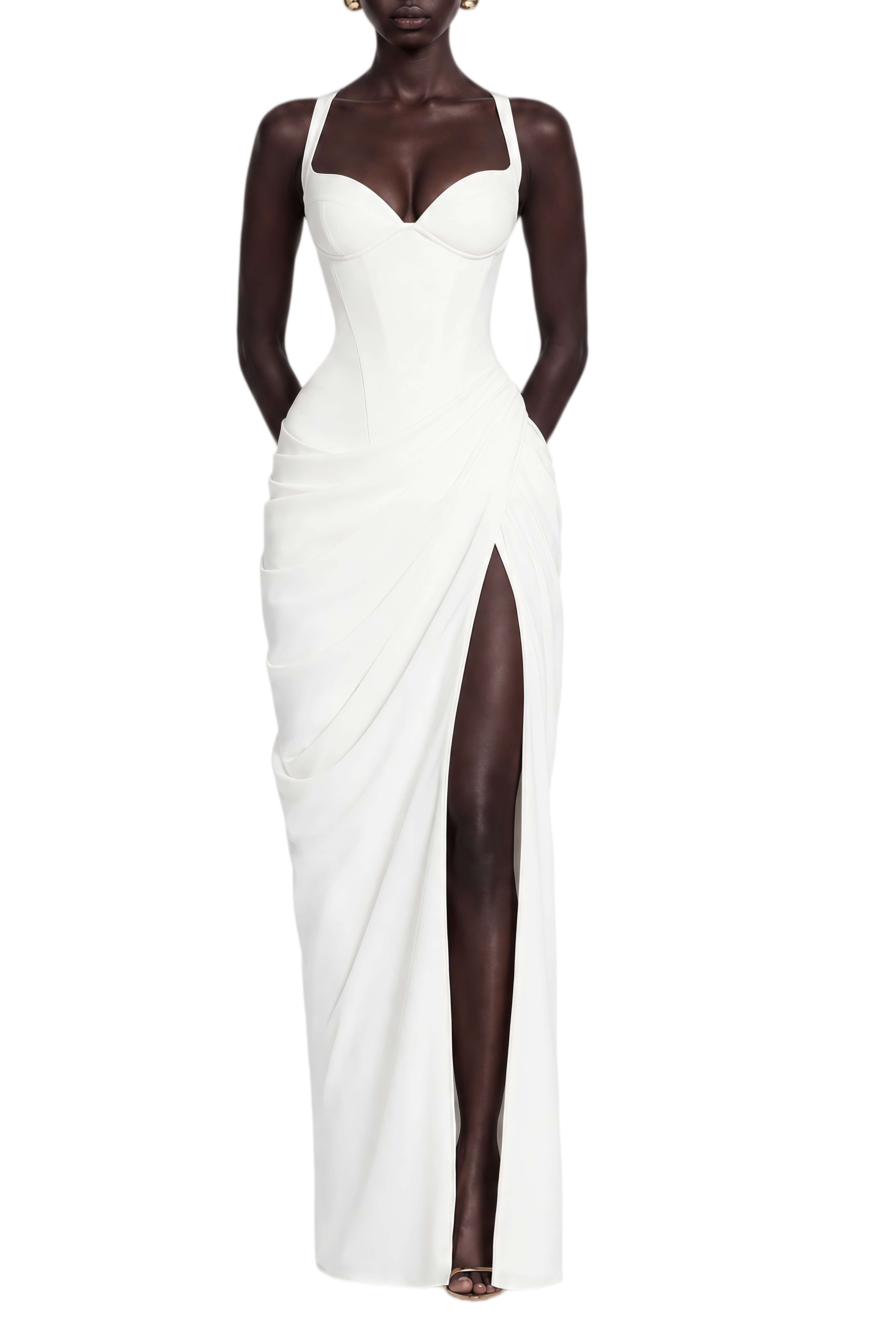 Rosamund White Sleeveless Ruched Maxi Dress
