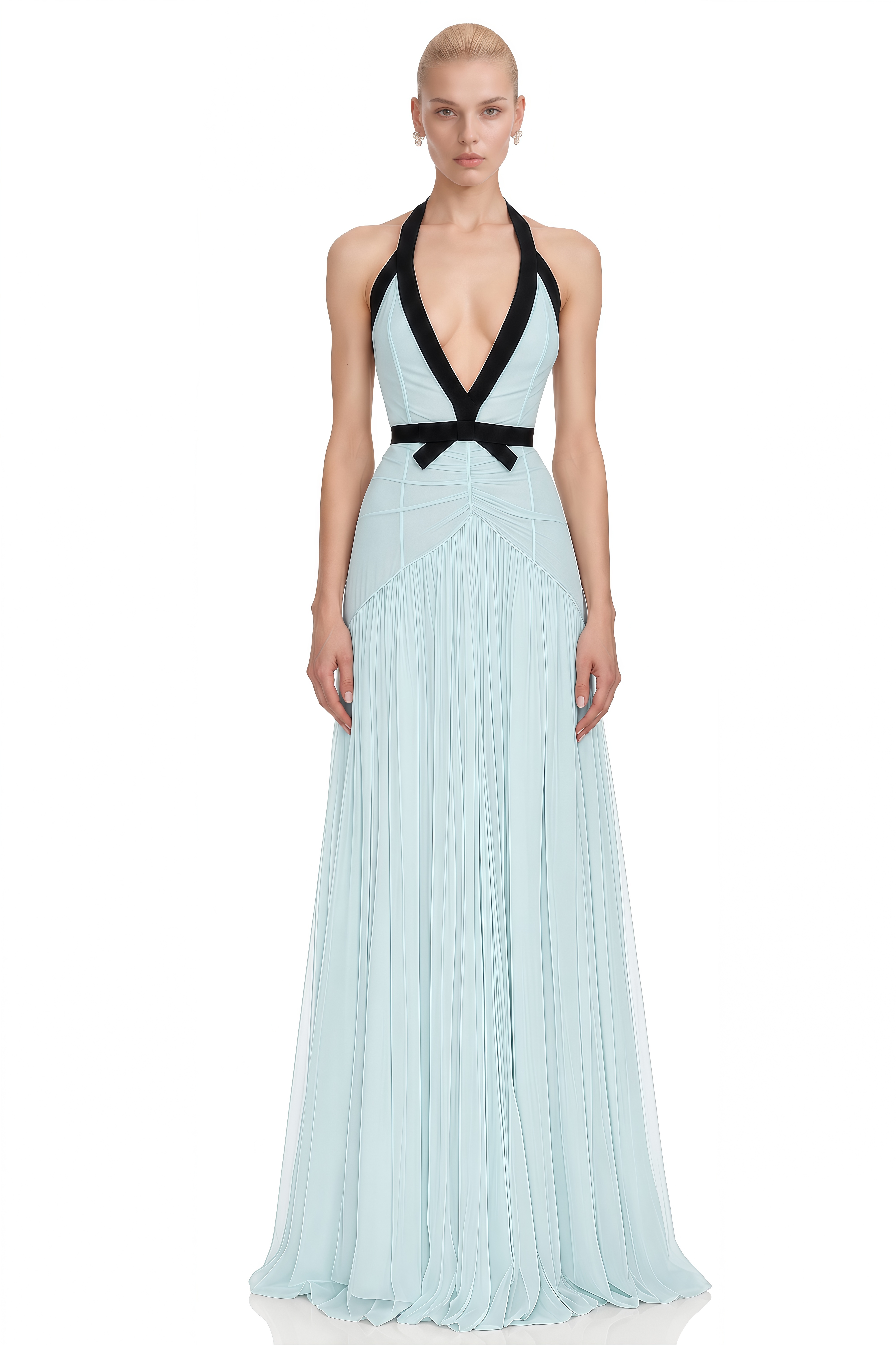 Jane Light Blue Halterneck Pleated Maxi Dress