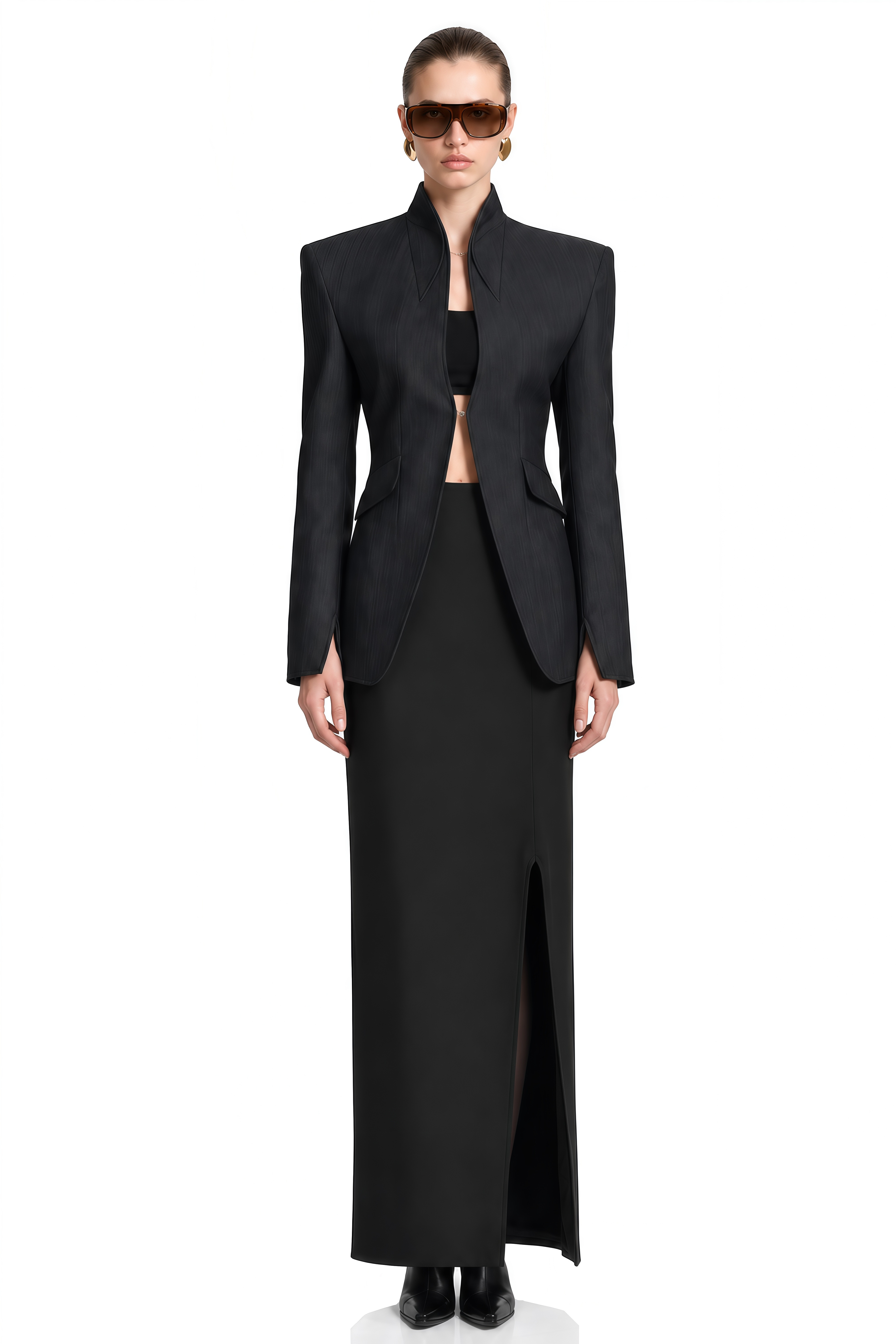 Pearl Dark Charcoal Blue Long Sleeves Curved Blazer