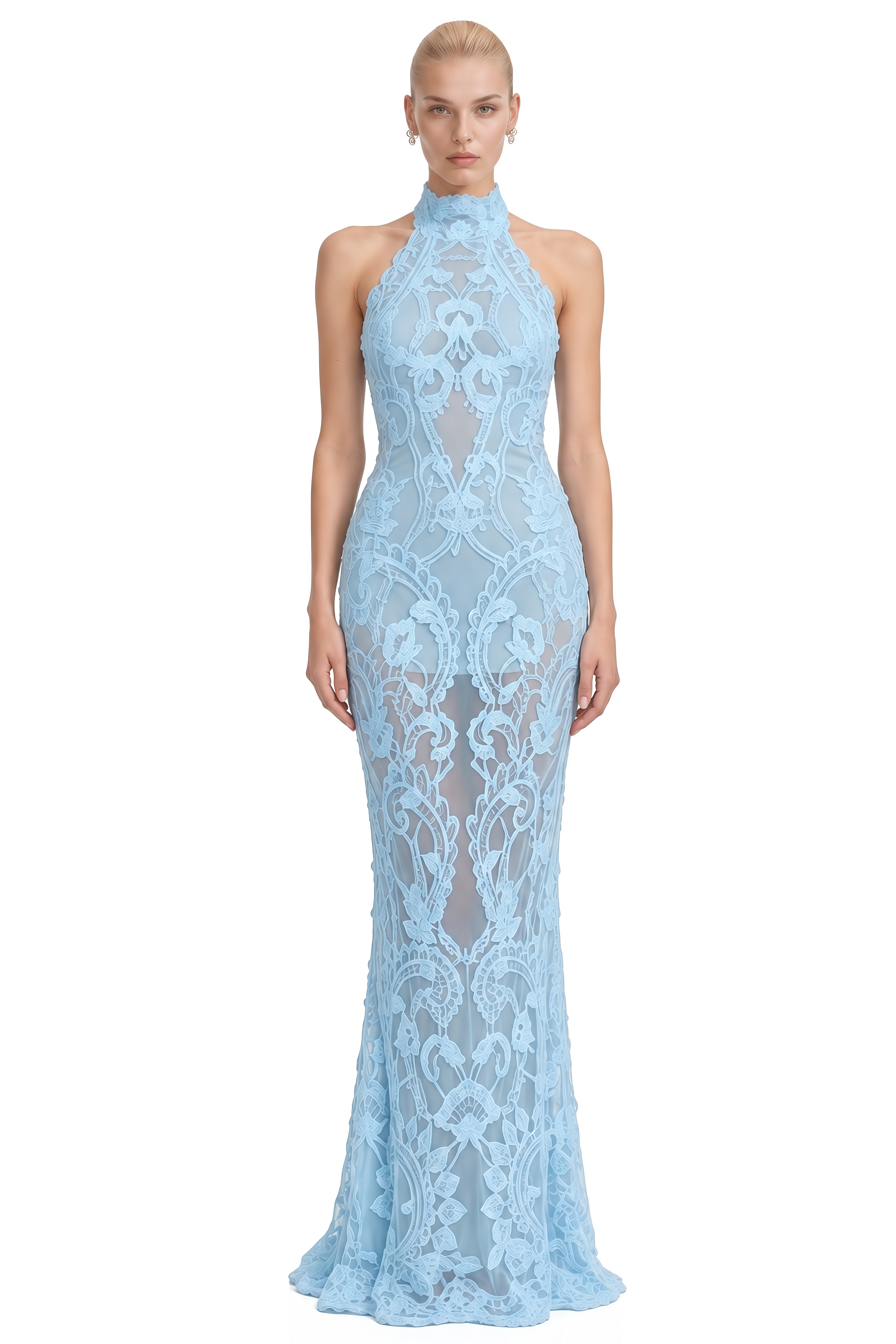 Bella Blue Halterneck Lace Maxi Dress