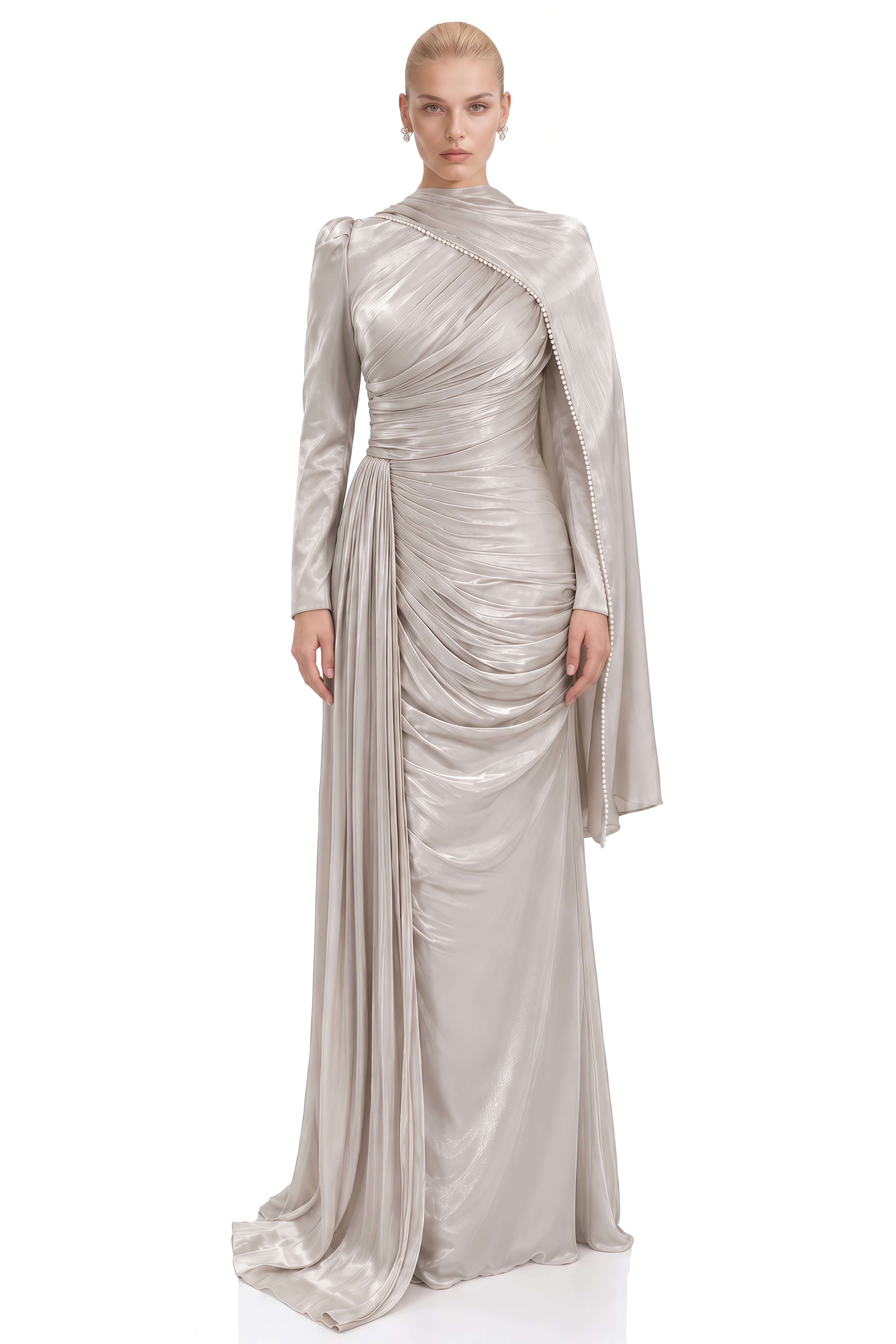 Ruby Light Grey Long Sleeves Cape Maxi Dress