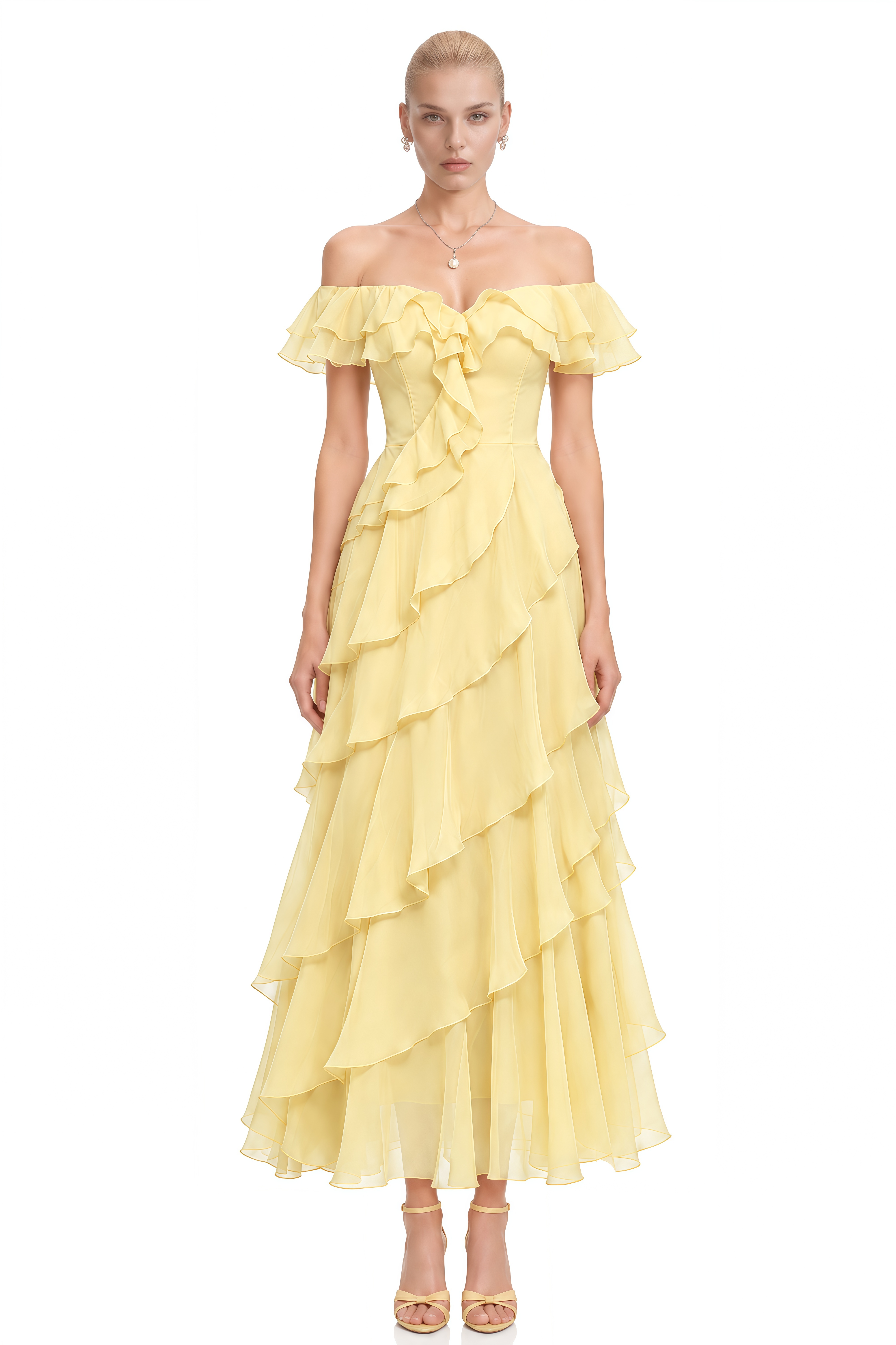 Maren Yellow Off-Shoulder Layered Maxi Dress